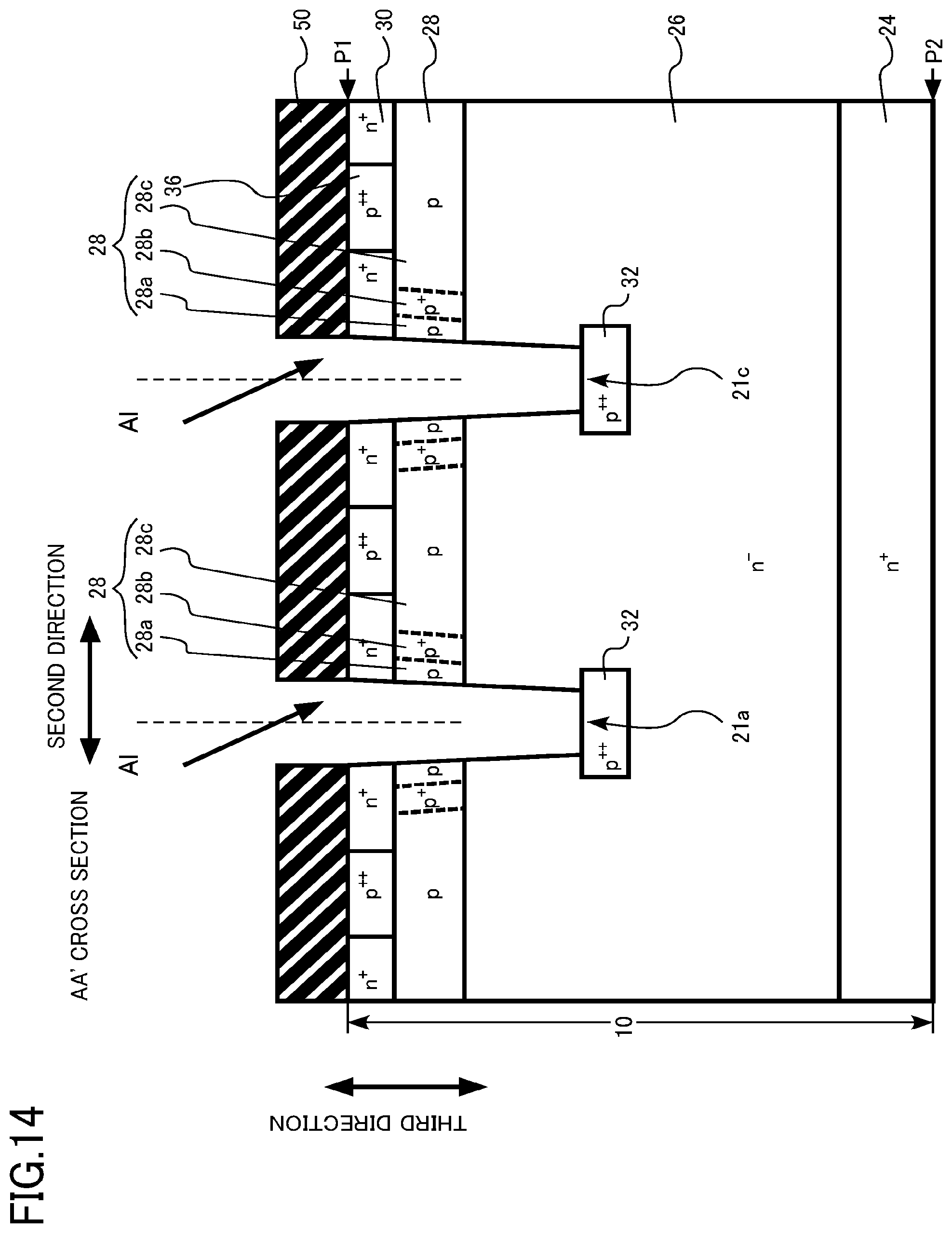 Patent US12328900 Figure 14 – Semiconductor device, semiconductor device manufacturing method, inverter circuit, drive device, vehicle, and elevator