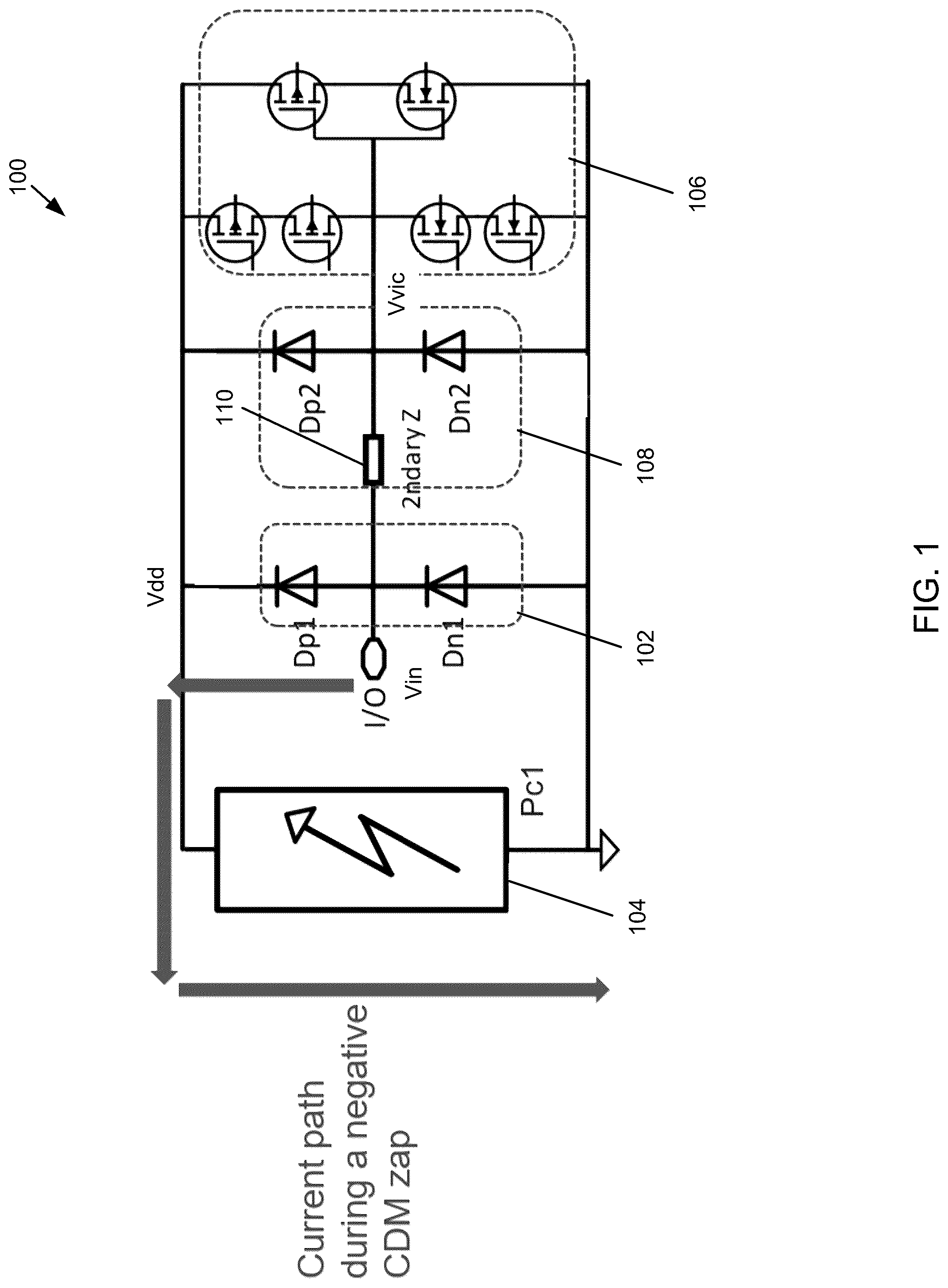 Patent US12328948 Figure 1 – Circuit and method for charge device model protection