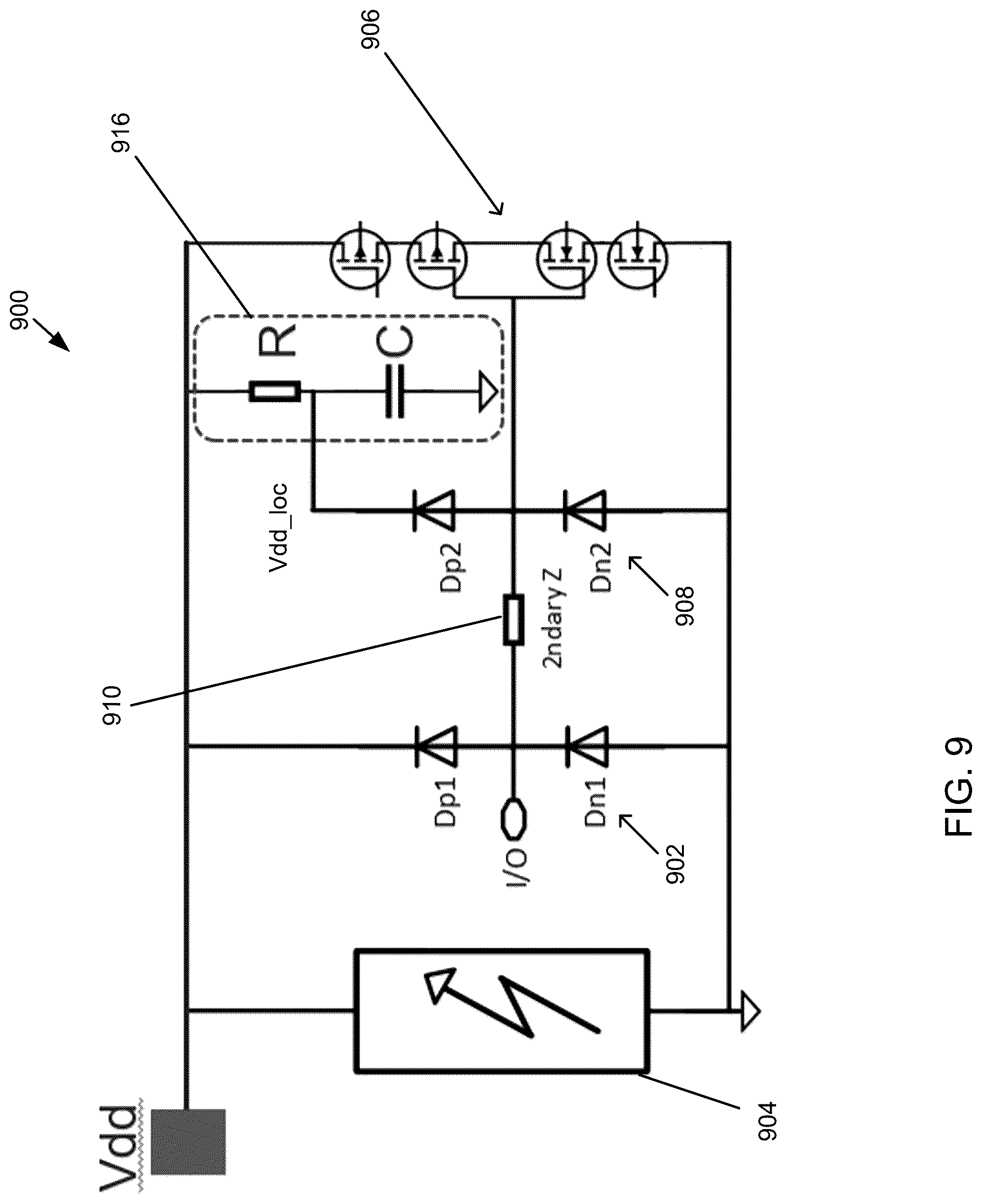Patent US12328948 Figure 9 – Circuit and method for charge device model protection