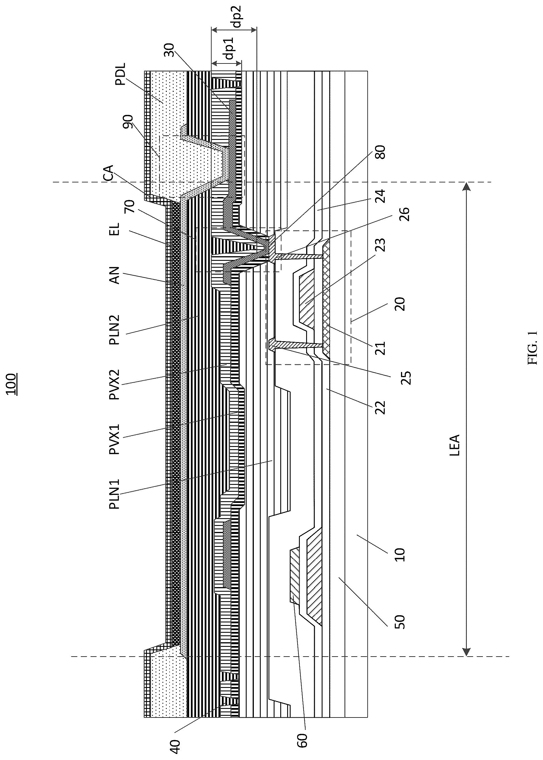 Patent US12328993 Figure 1 – Display substrate with multiple via holes, electronic device, and method of manufacturing the display substrate