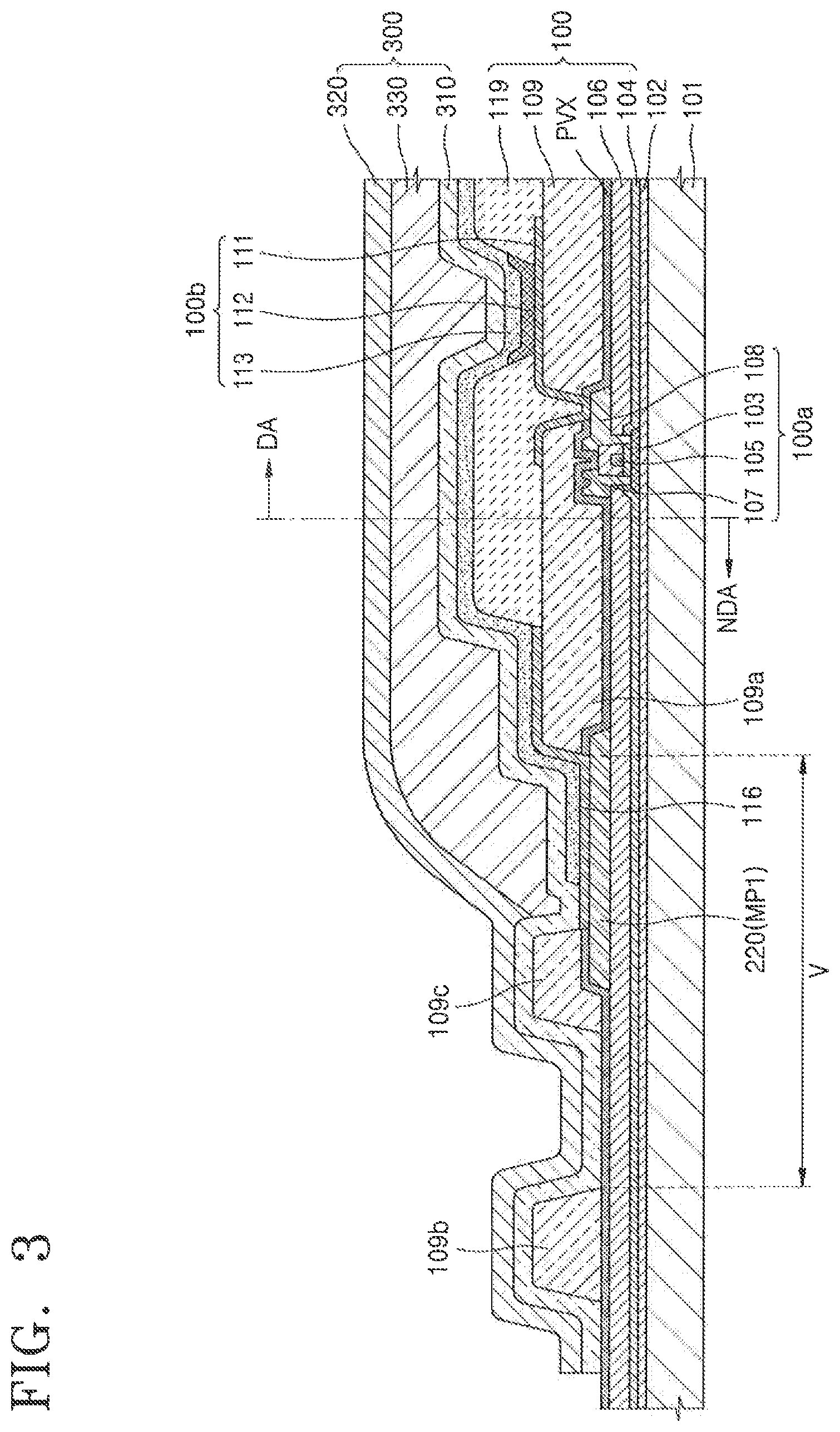 Patent US12328995 Figure 3 – Display device with protection and encapsulation layers to seal display unit