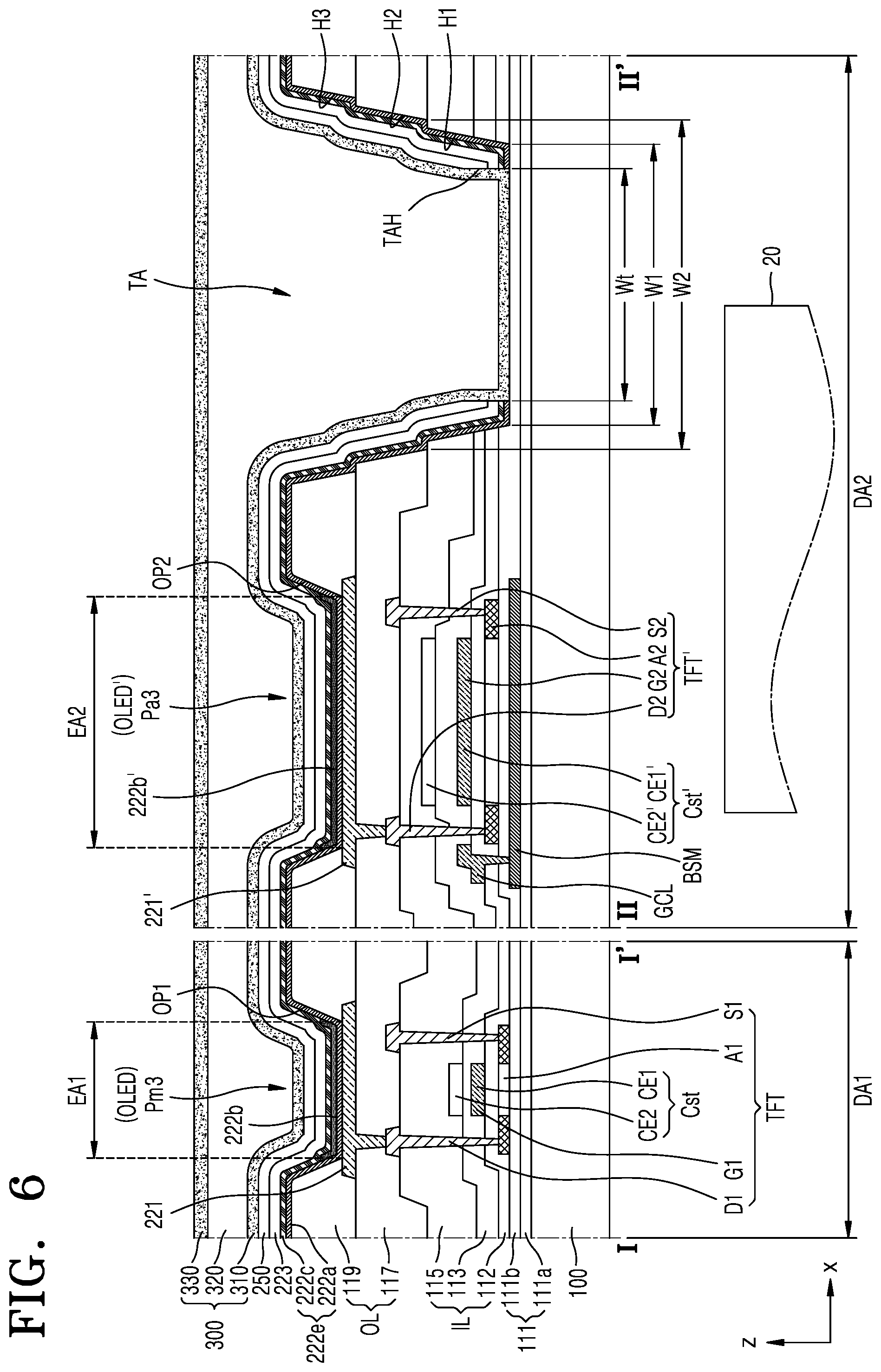 Patent US12329011 Figure 6 – Display device including auxiliary sub-pixels having connected intermediate layers