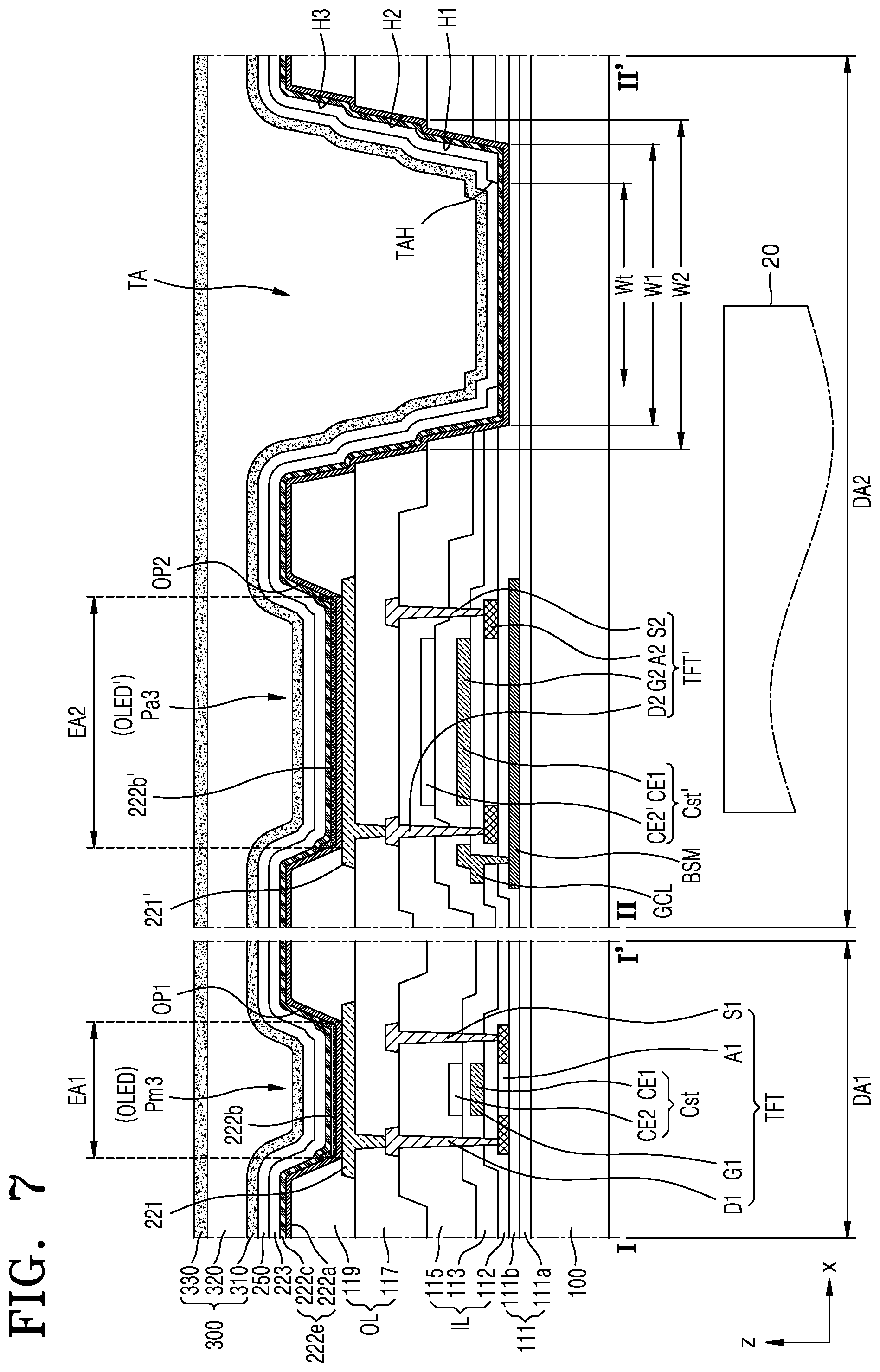 Patent US12329011 Figure 7 – Display device including auxiliary sub-pixels having connected intermediate layers