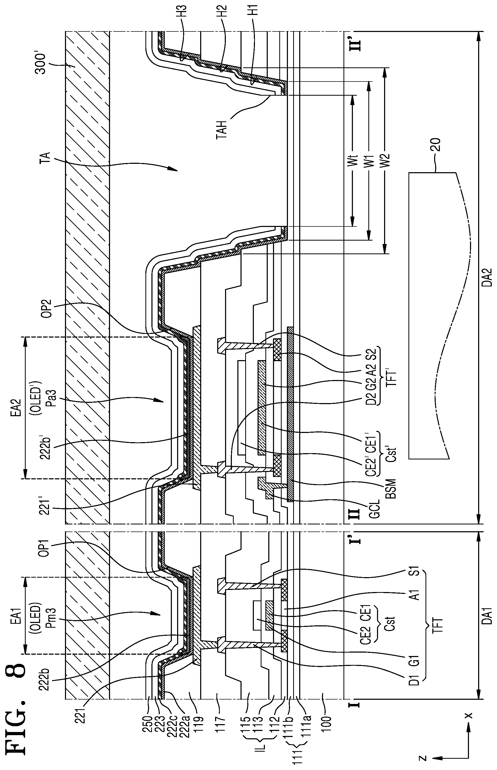 Patent US12329011 Figure 8 – Display device including auxiliary sub-pixels having connected intermediate layers