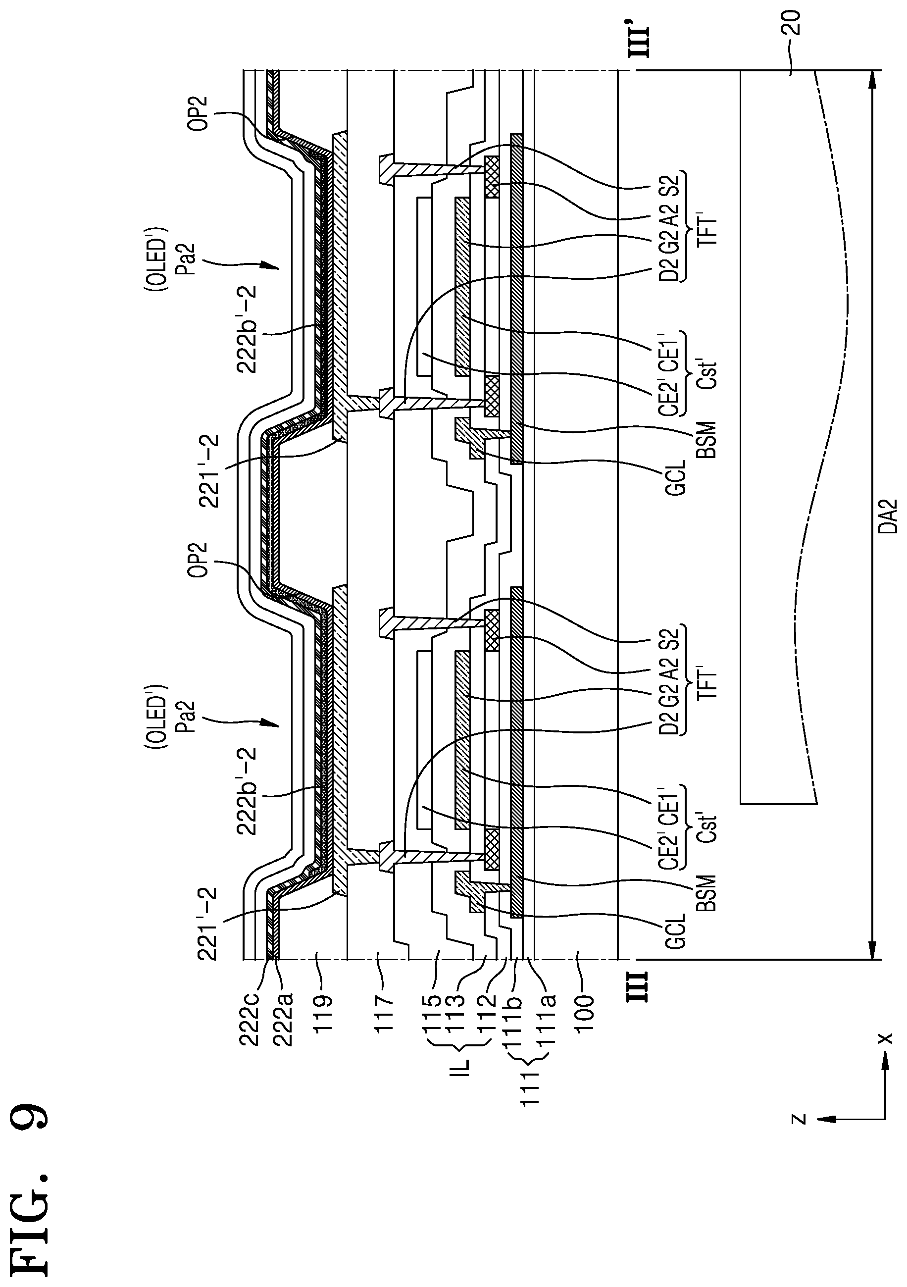 Patent US12329011 Figure 9 – Display device including auxiliary sub-pixels having connected intermediate layers