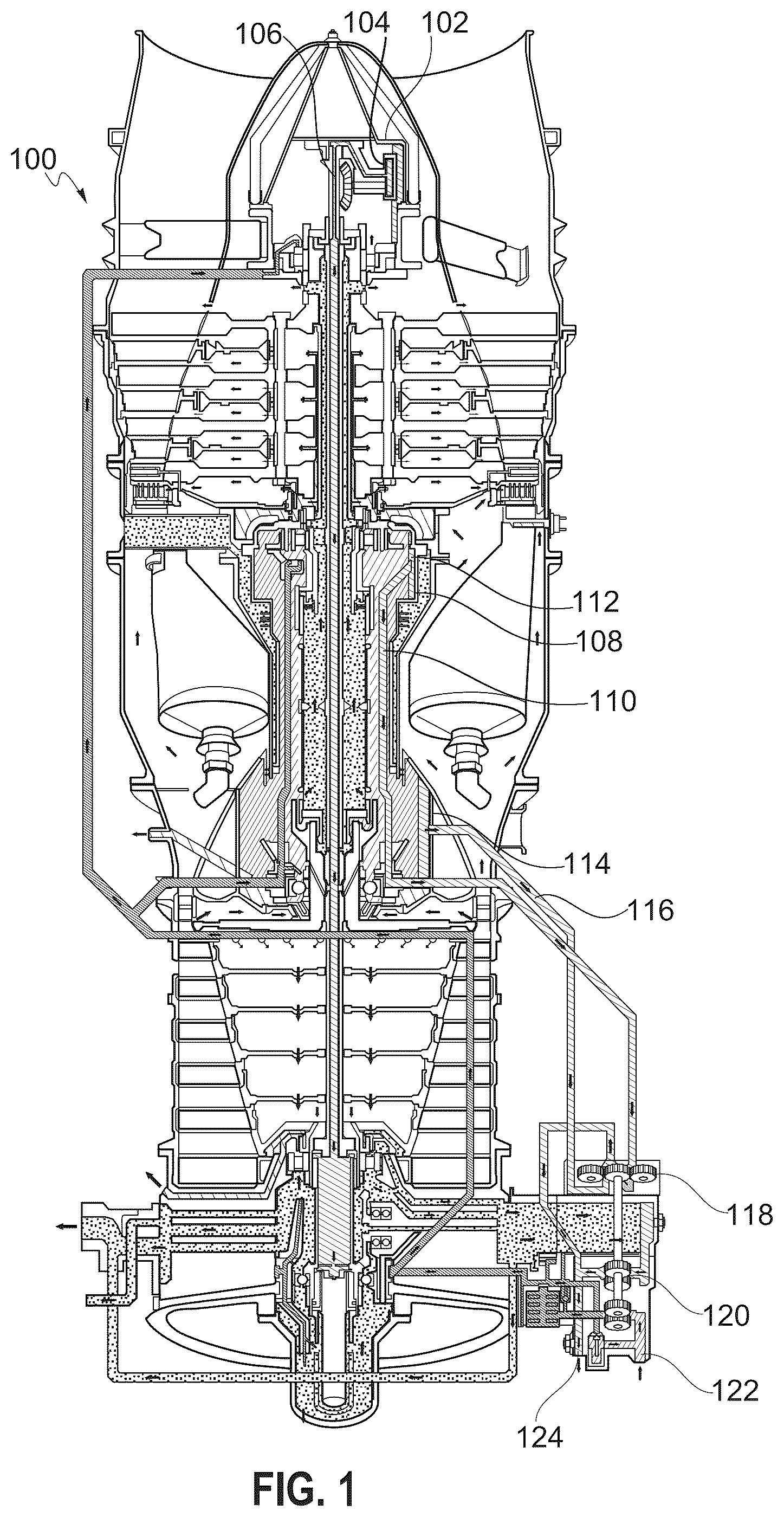 Patent US12331667 Figure 1 – Flow draining enhancement system for engine sump cavities