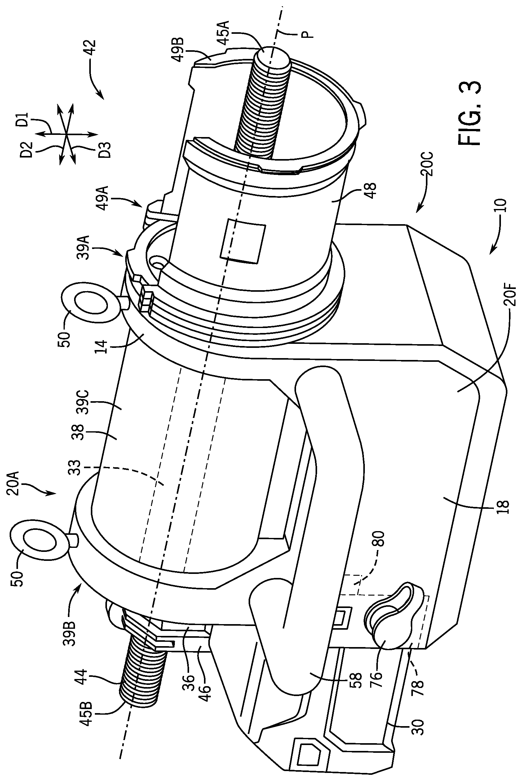 Patent US12331764 Figure 2 – Hydraulic jack assembly and pin puller assembly