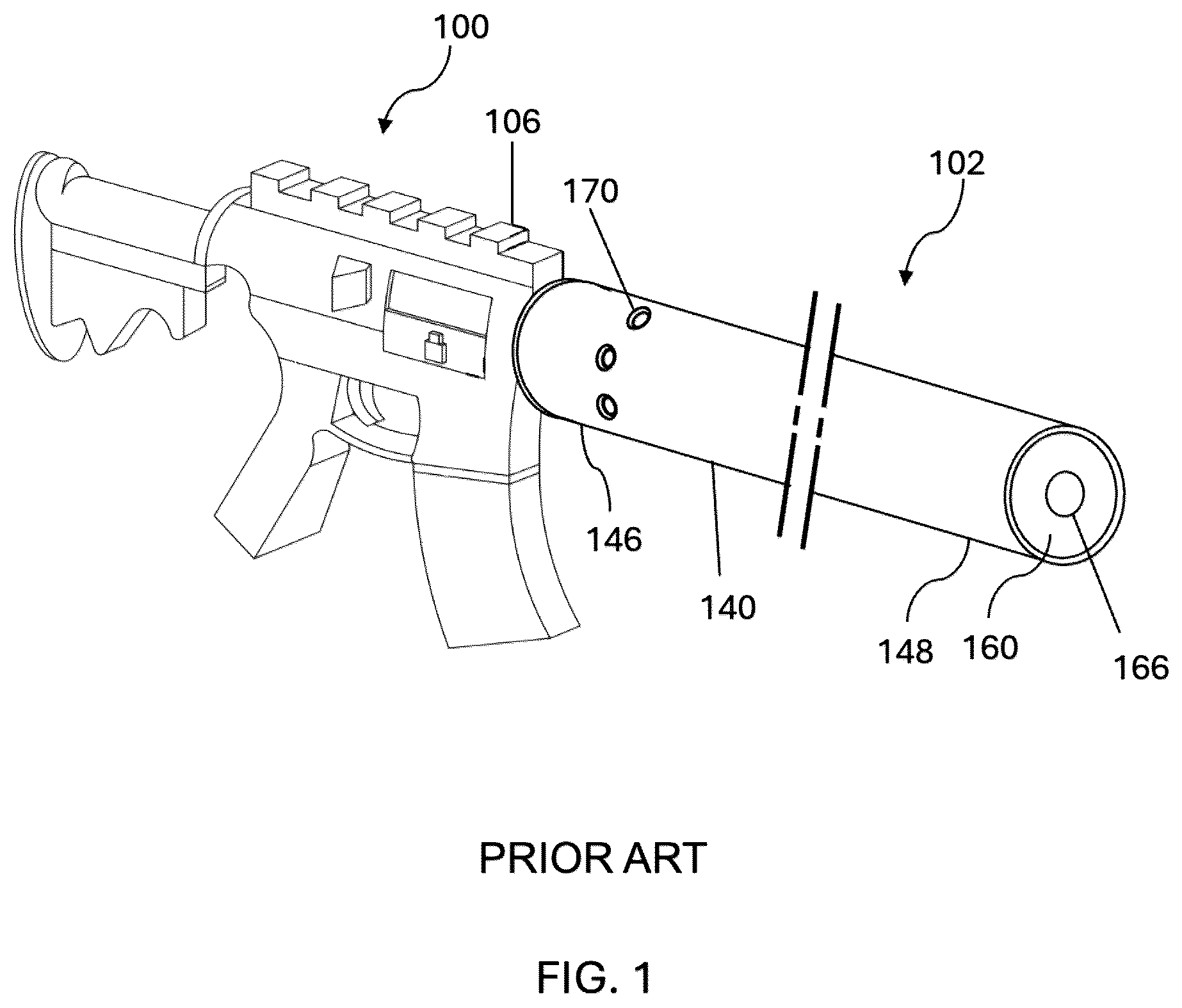 Patent US12332008 Figure 1 – Firearm suppressor integrated with handguard