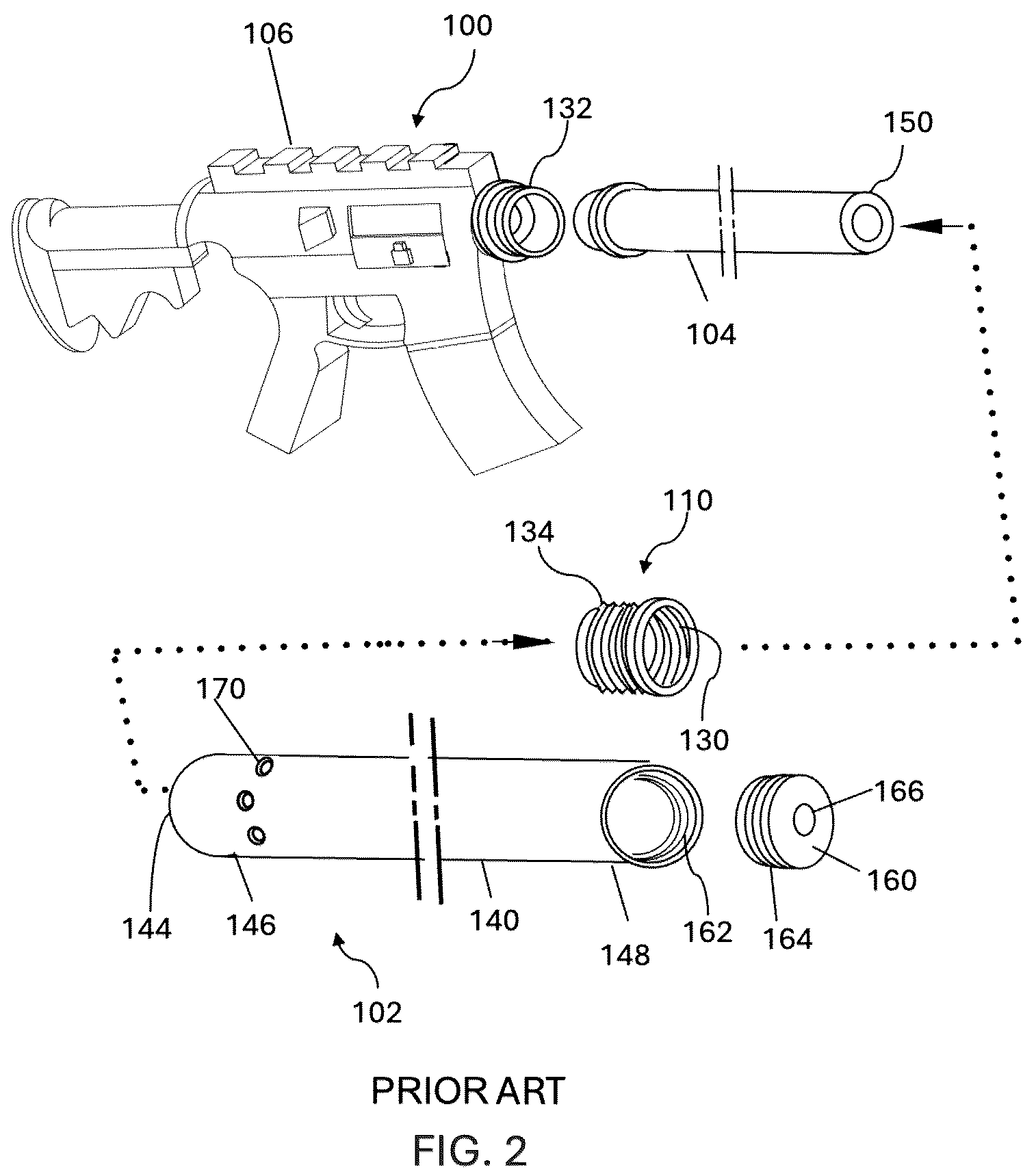 Patent US12332008 Figure 2 – Firearm suppressor integrated with handguard