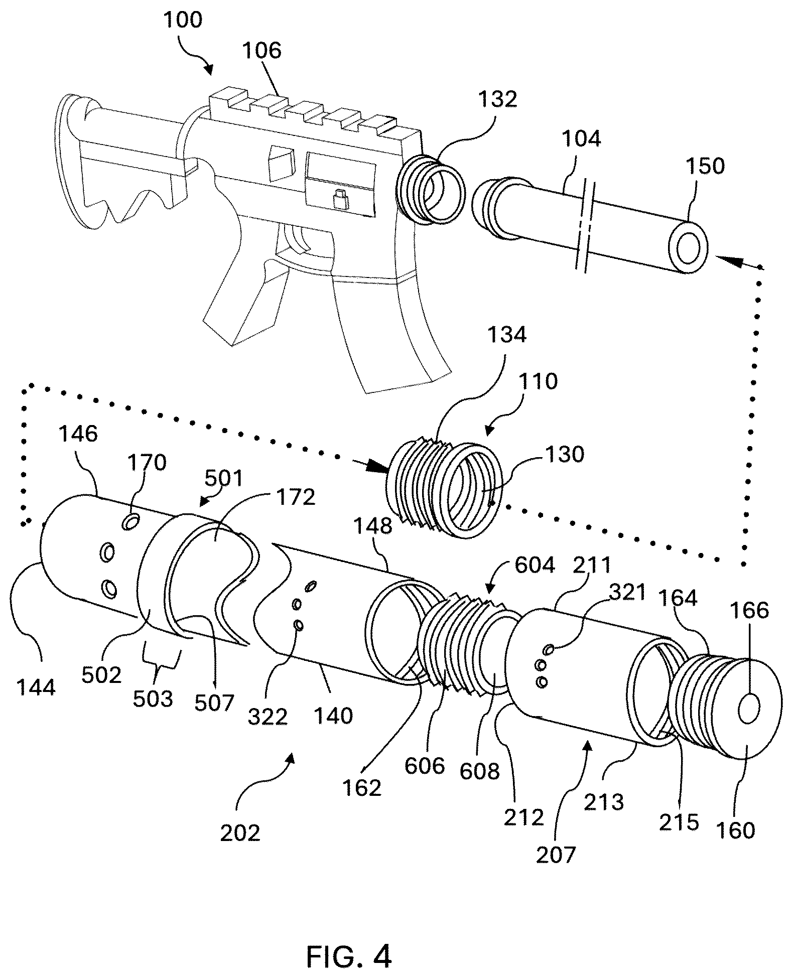 Patent US12332008 Figure 4 – Firearm suppressor integrated with handguard