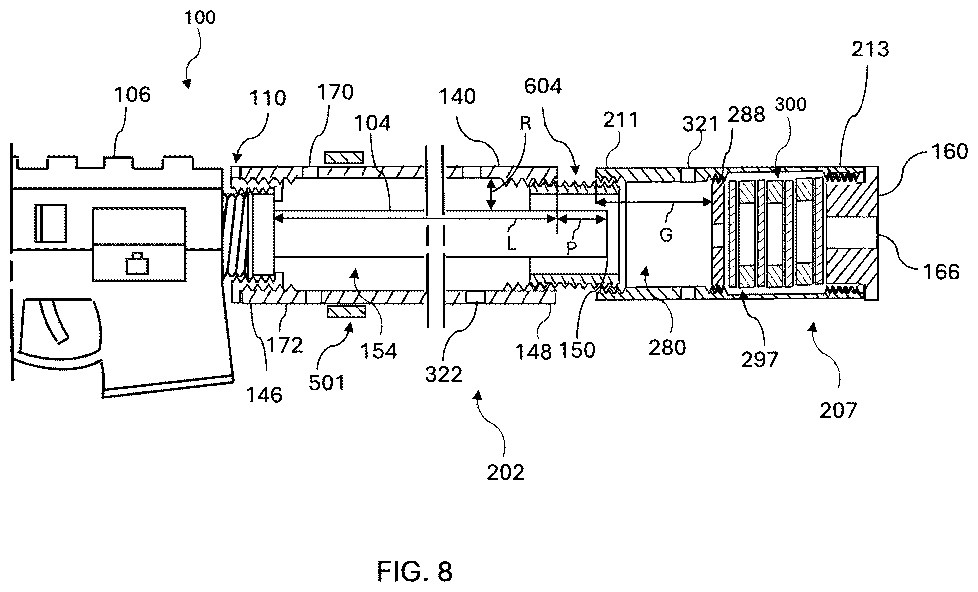 Patent US12332008 Figure 8 – Firearm suppressor integrated with handguard