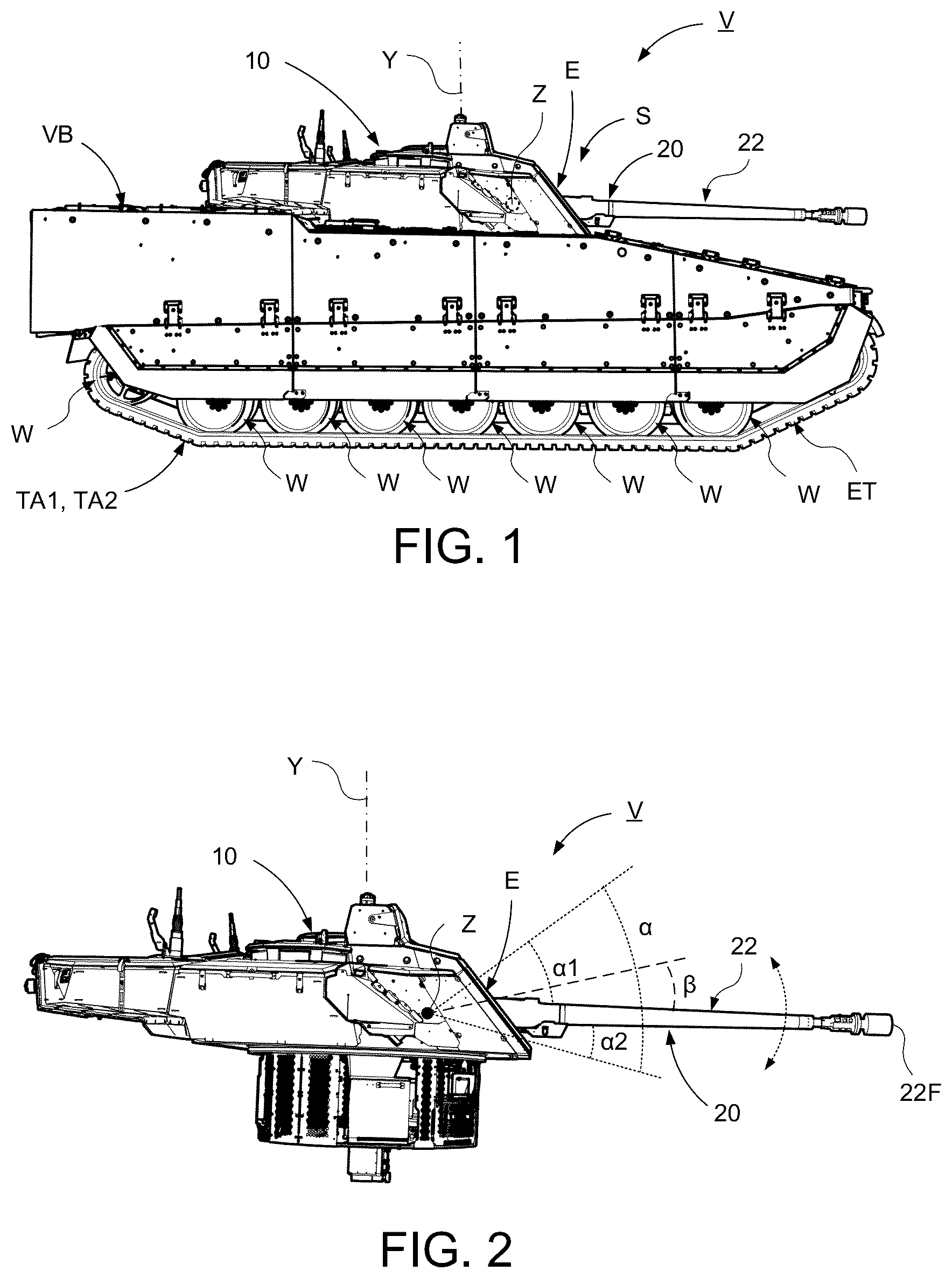 Patent US12332009 Figure 1 – Arrangement of an elevation device for a vehicle mounted weapon system
