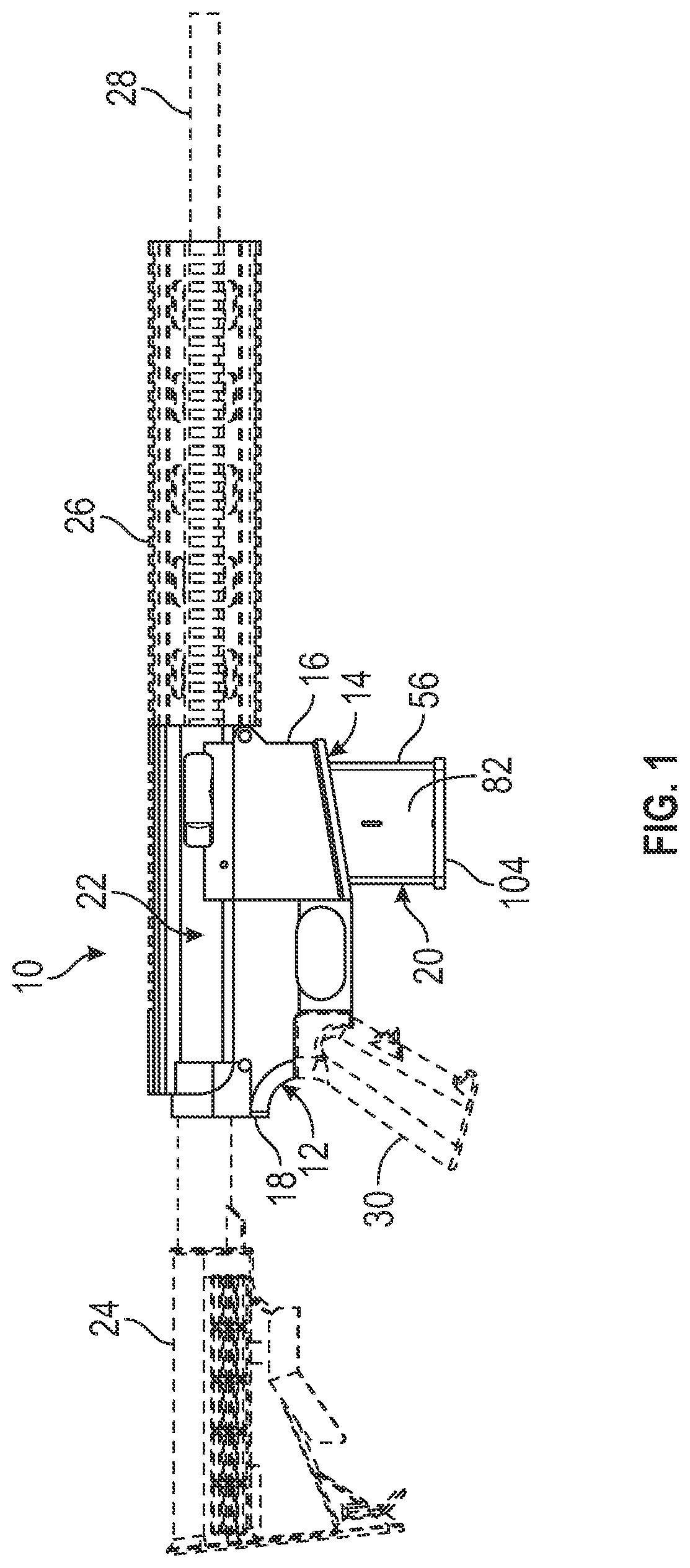 Patent US12332013 Figure 1 – Firearm with dual feed magazine