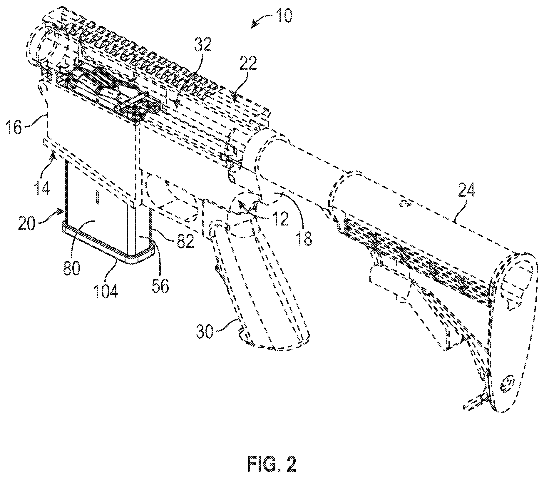 Patent US12332013 Figure 2 – Firearm with dual feed magazine