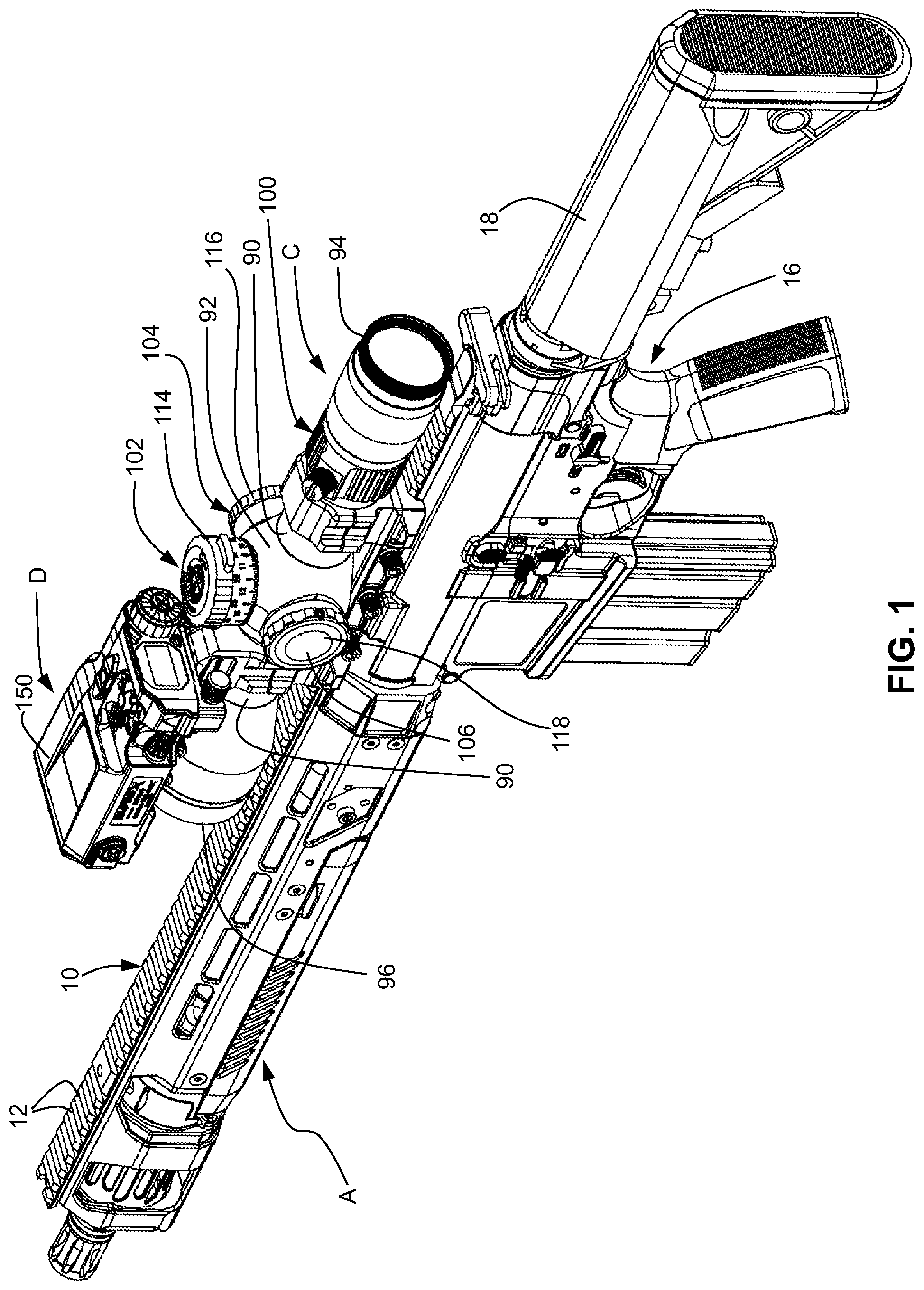 Patent US12332021 Figure 1 – Scope mount system with offset accessory attachment mount