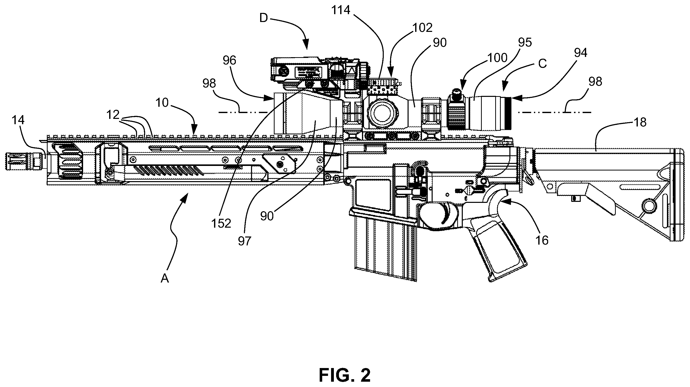 Patent US12332021 Figure 2 – Scope mount system with offset accessory attachment mount