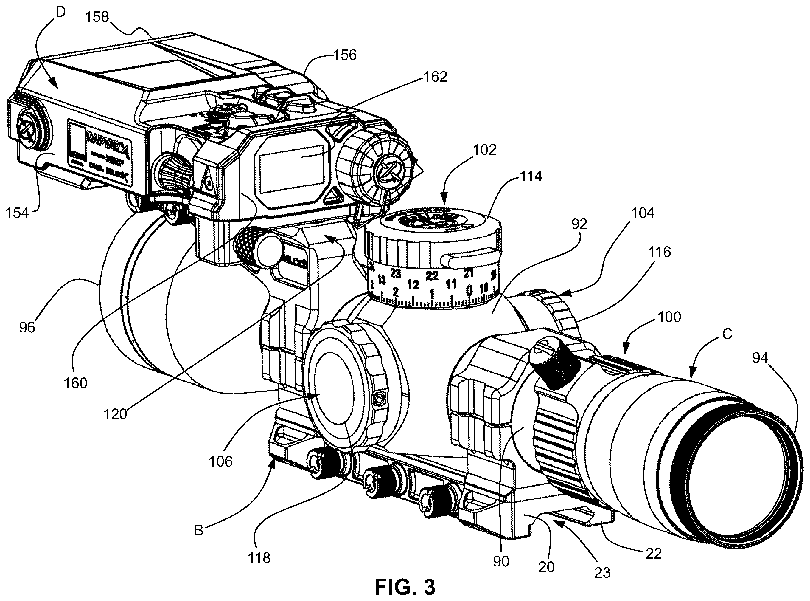 Patent US12332021 Figure 3 – Scope mount system with offset accessory attachment mount