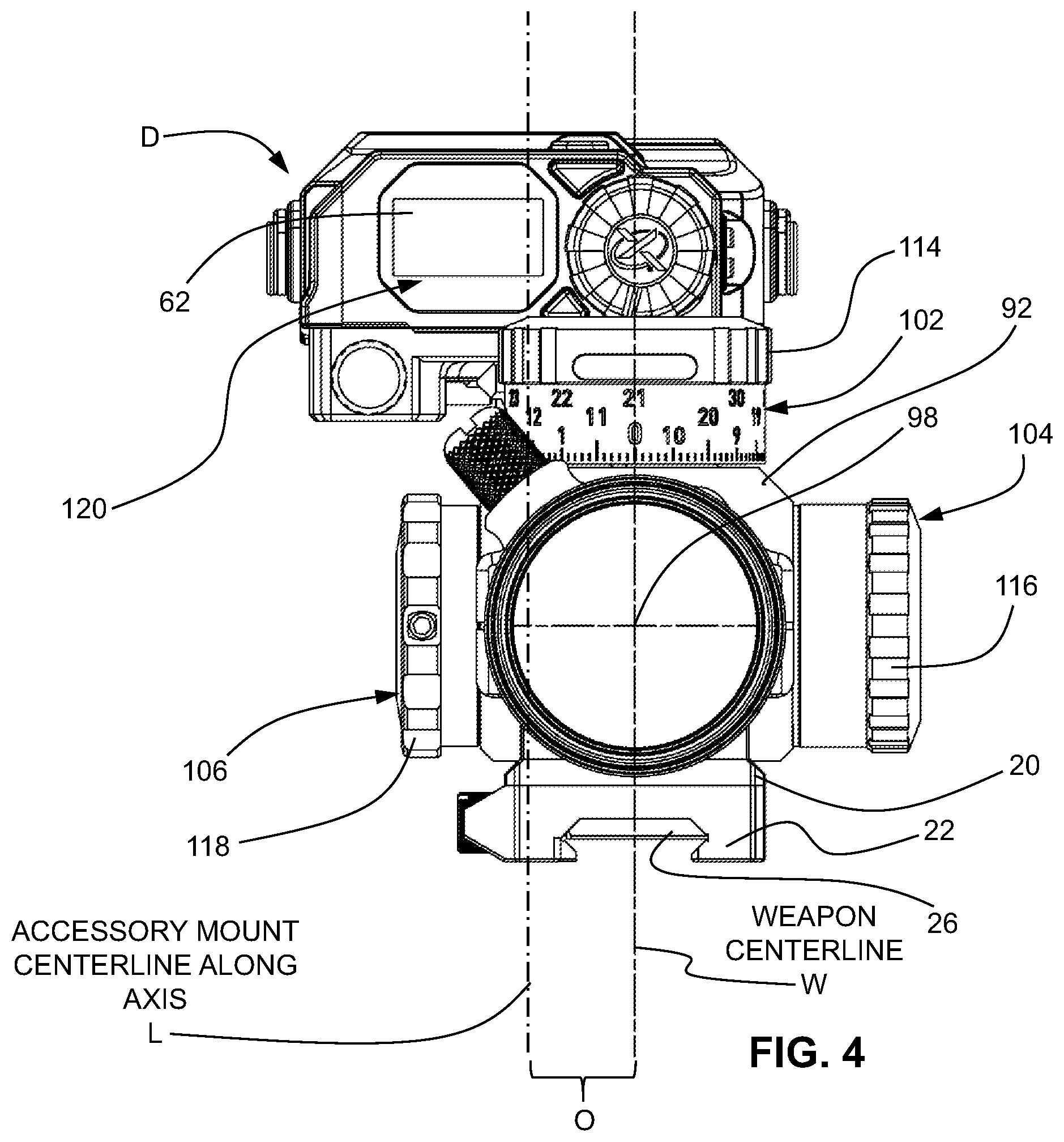 Patent US12332021 Figure 4 – Scope mount system with offset accessory attachment mount