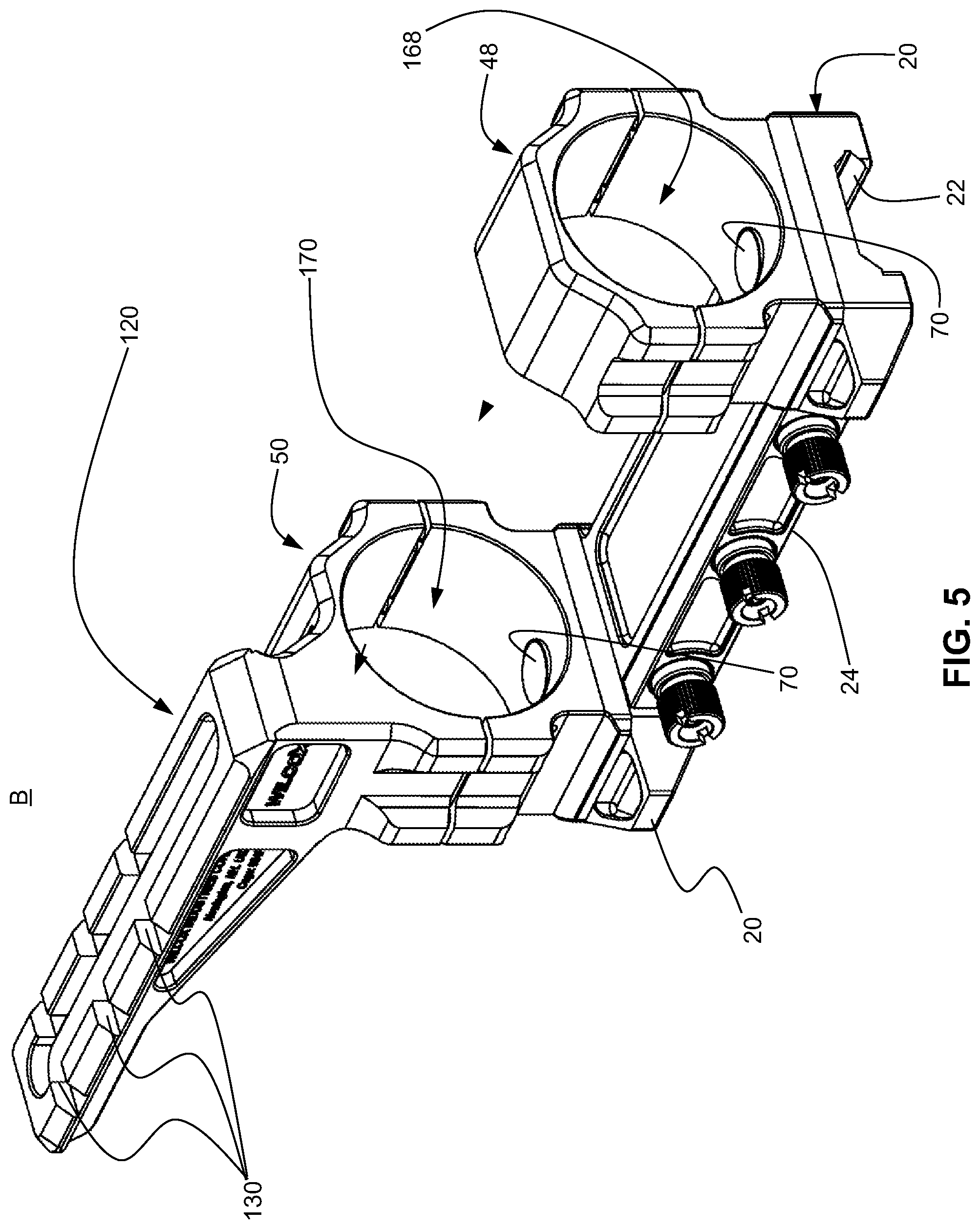 Patent US12332021 Figure 5 – Scope mount system with offset accessory attachment mount
