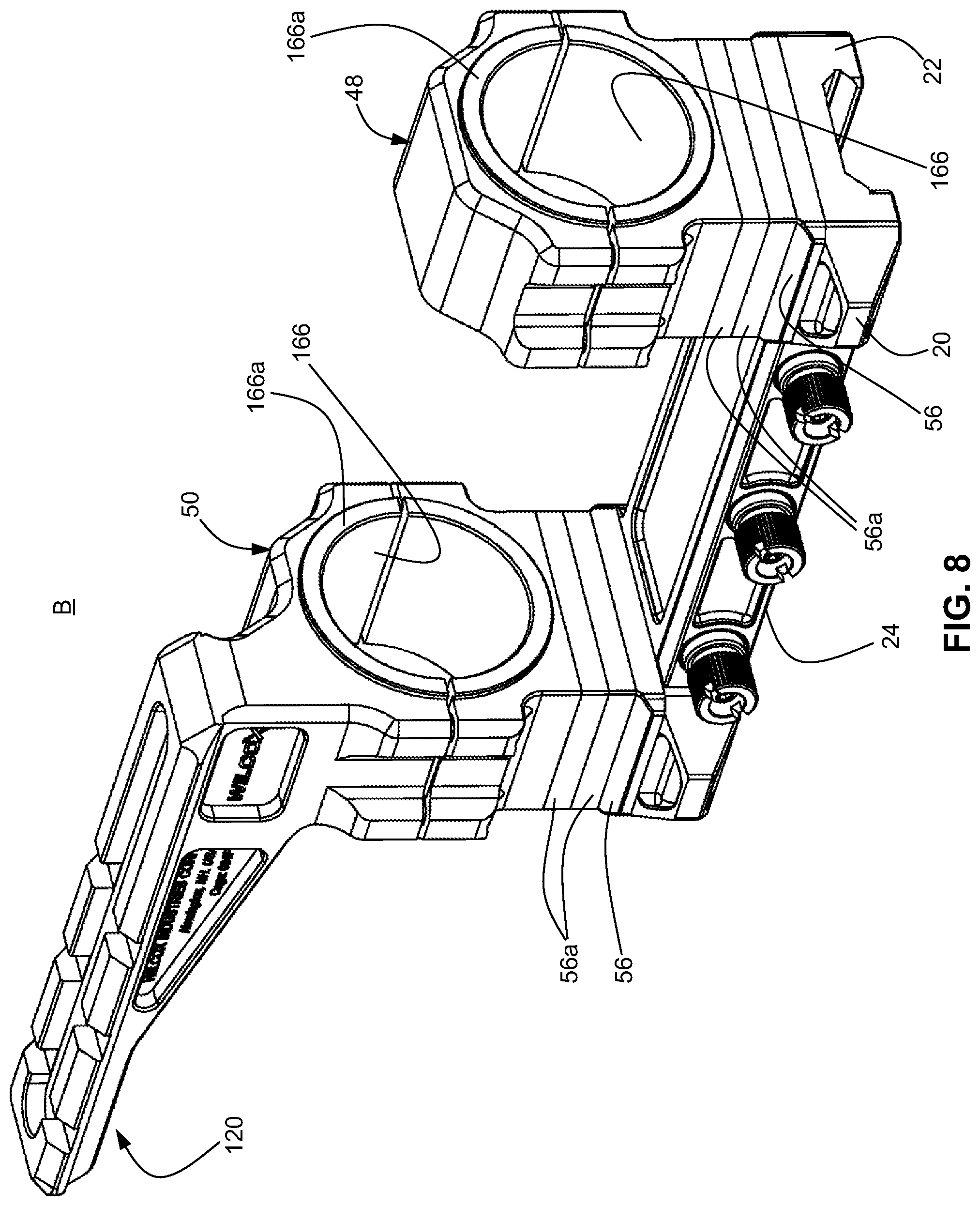 Patent US12332021 Figure 8 – Scope mount system with offset accessory attachment mount