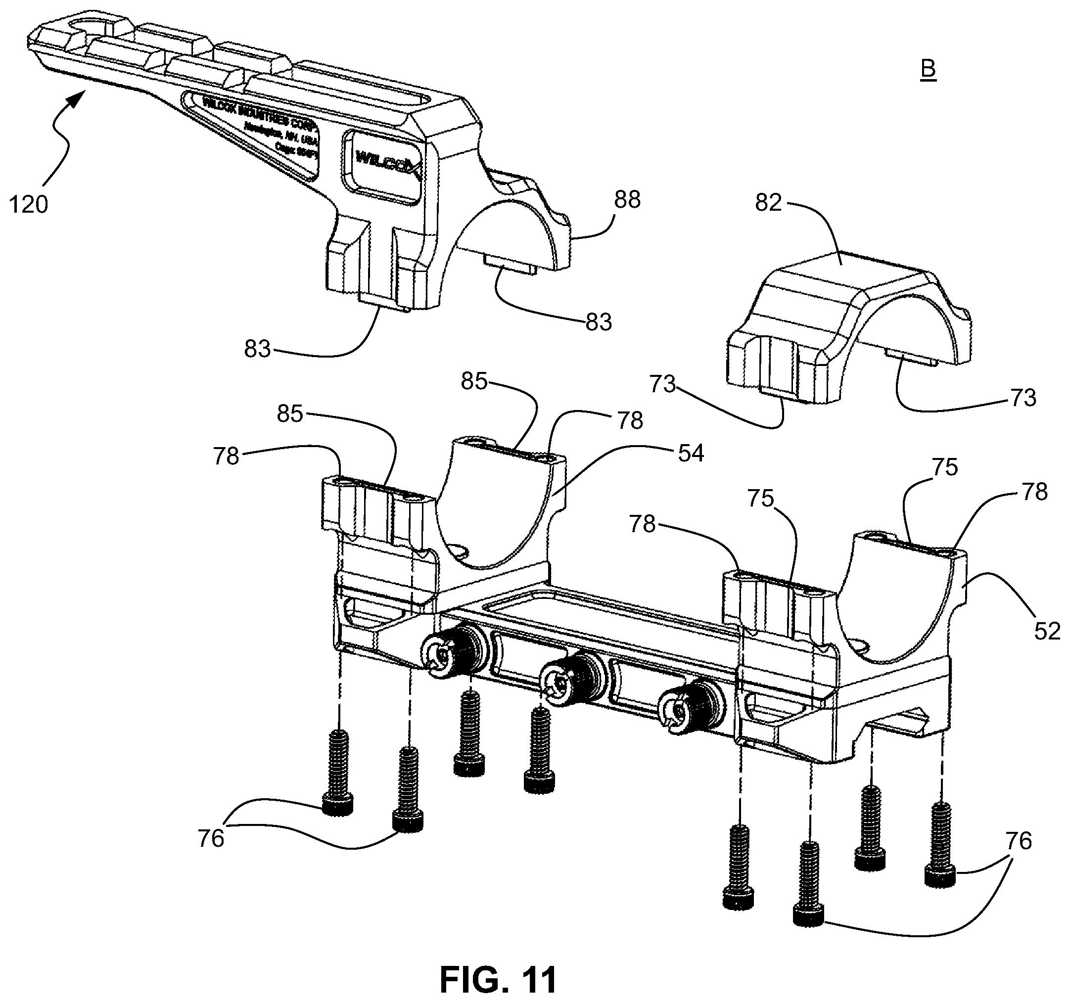 Patent US12332021 Figure 11 – Scope mount system with offset accessory attachment mount