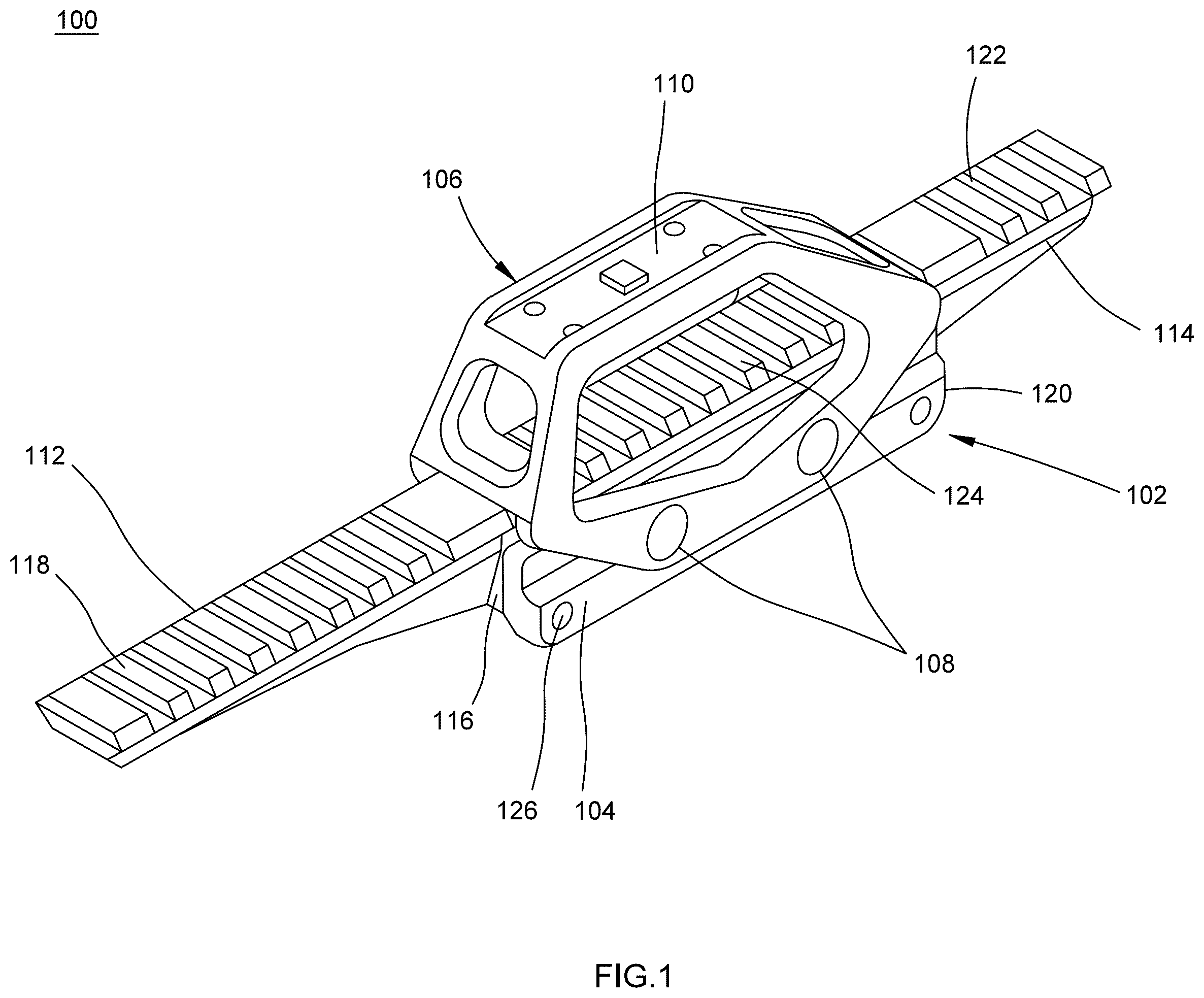 Patent US12332022 Figure 1 – Optics mount and riser system for a firearm