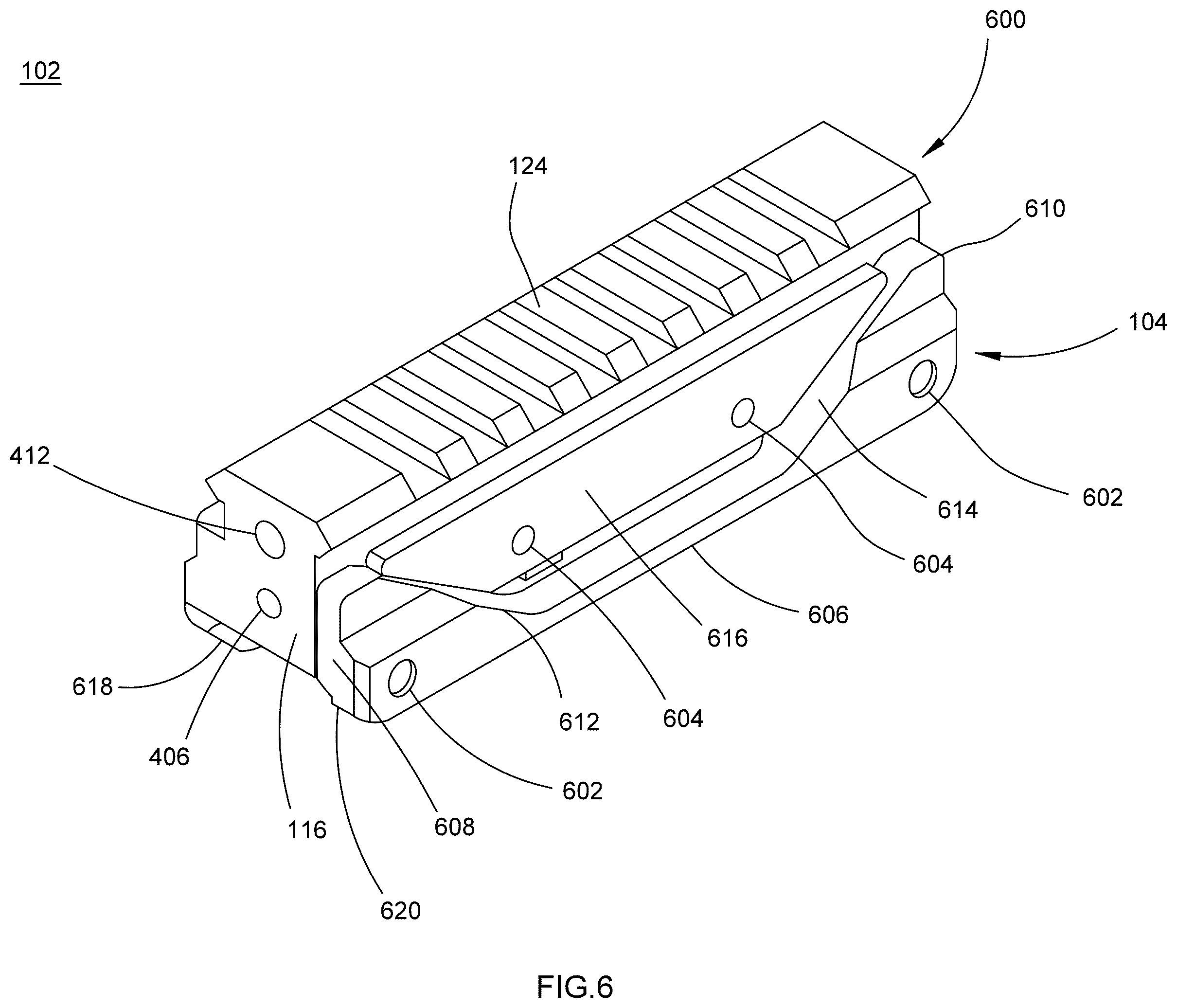 Patent US12332022 Figure 6 – Optics mount and riser system for a firearm