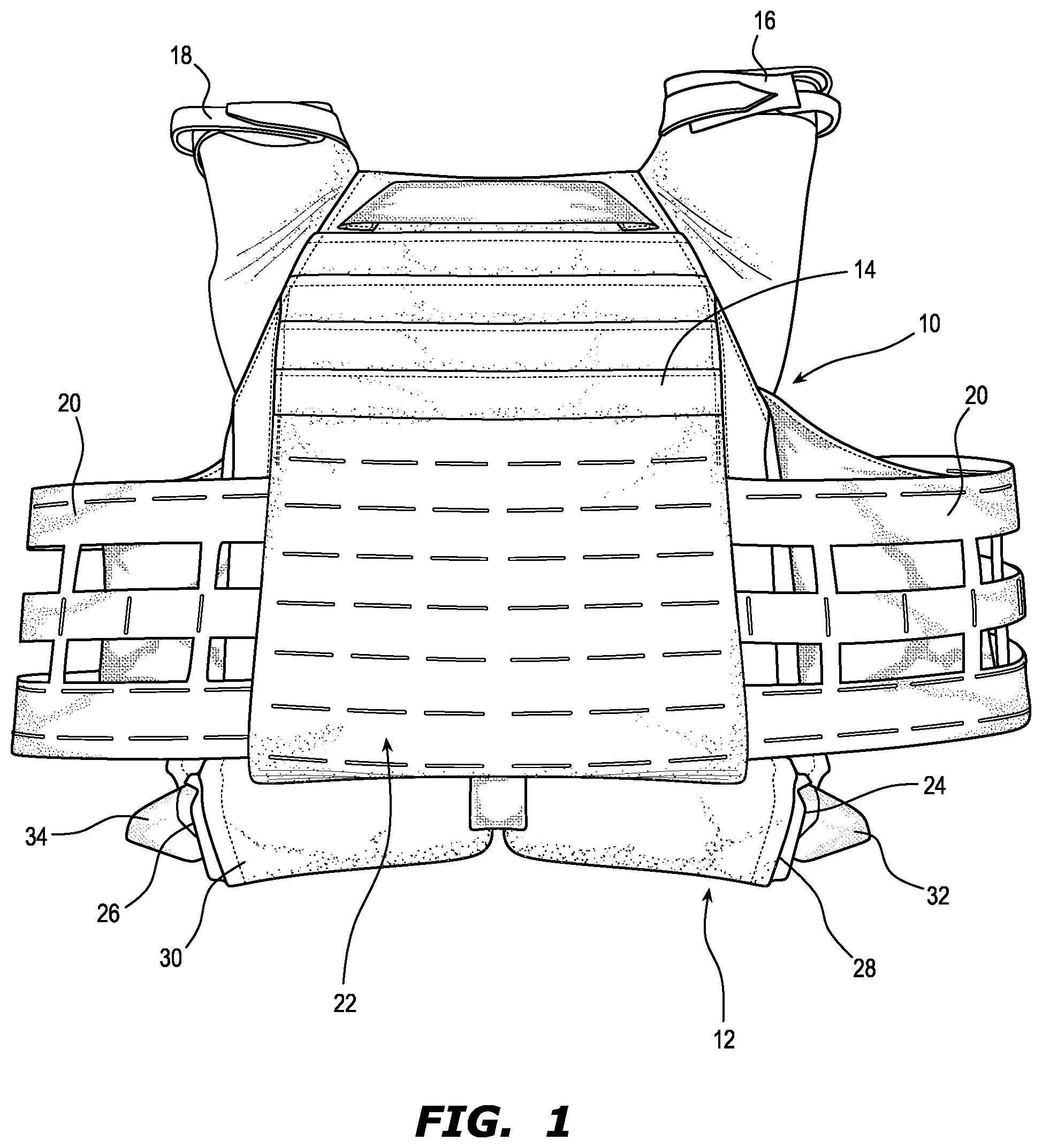 Patent US12332025 Figure 1 – Lumbar support pouch for ballistic vest