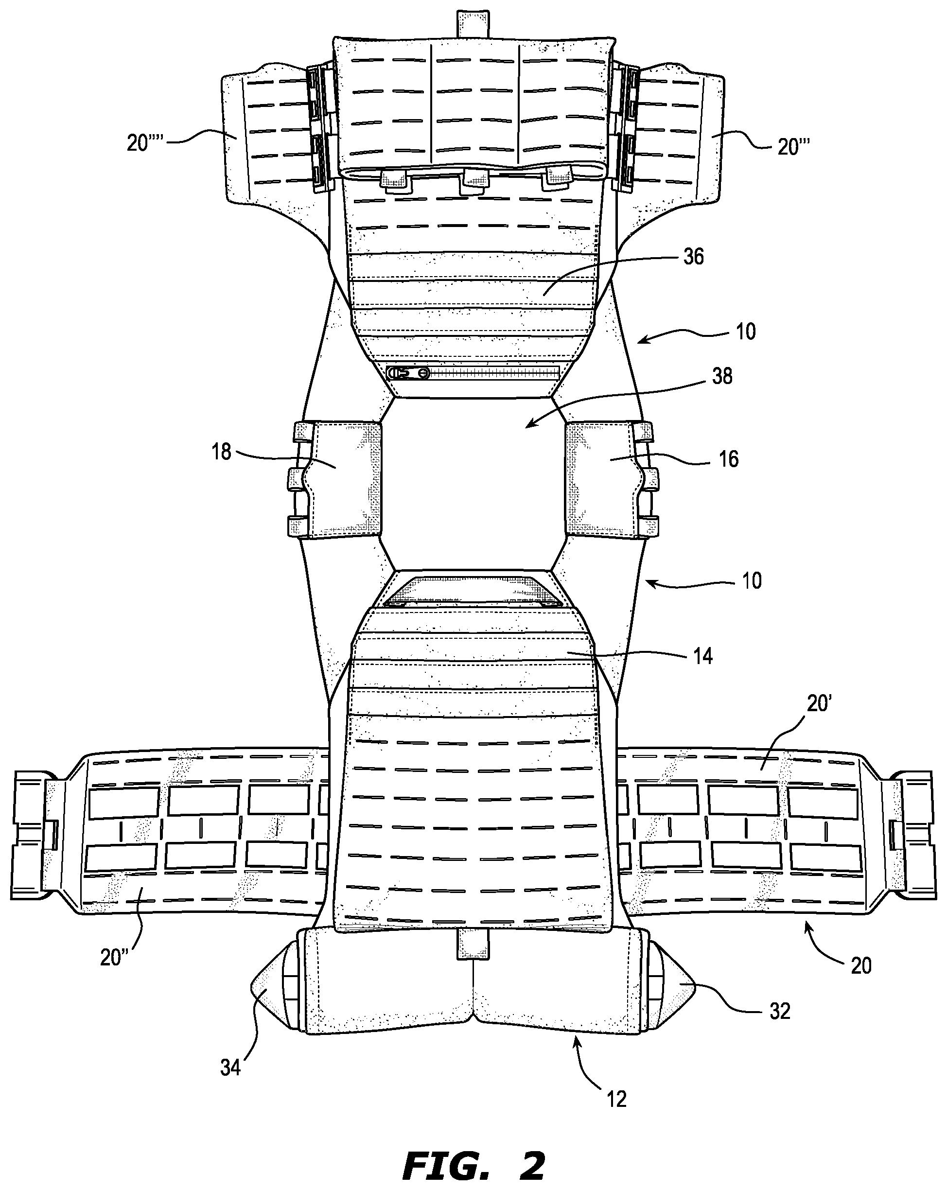 Patent US12332025 Figure 2 – Lumbar support pouch for ballistic vest