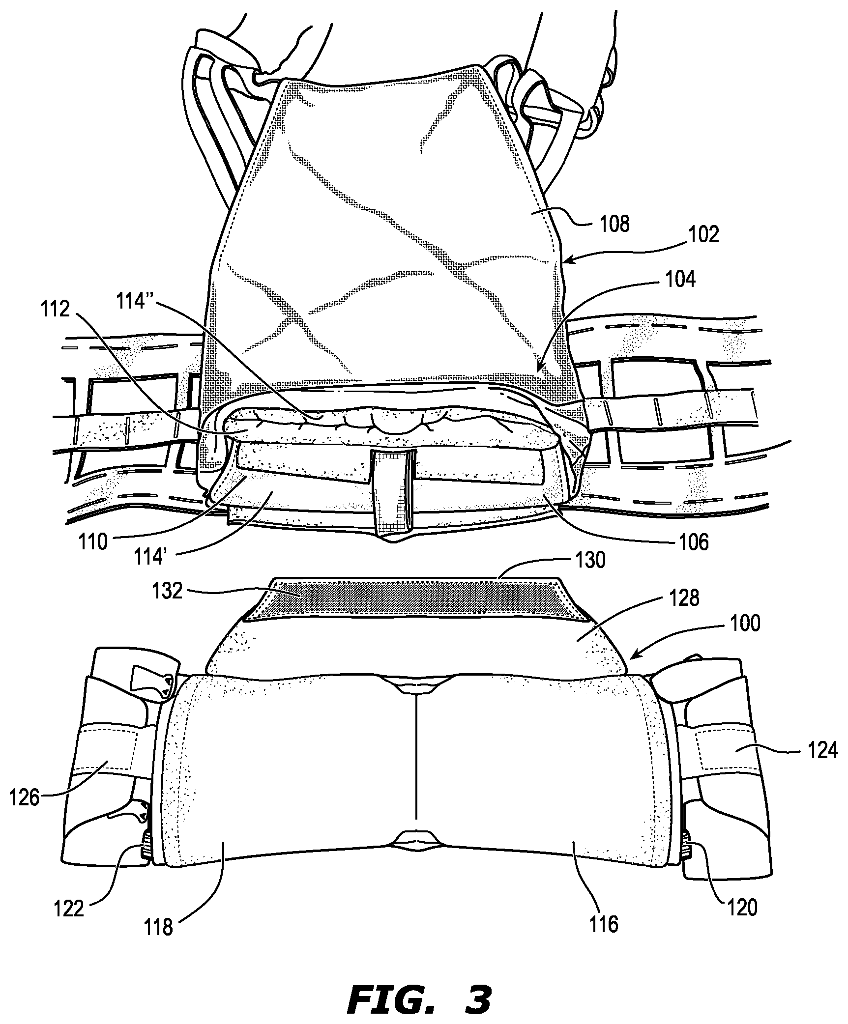 Patent US12332025 Figure 3 – Lumbar support pouch for ballistic vest