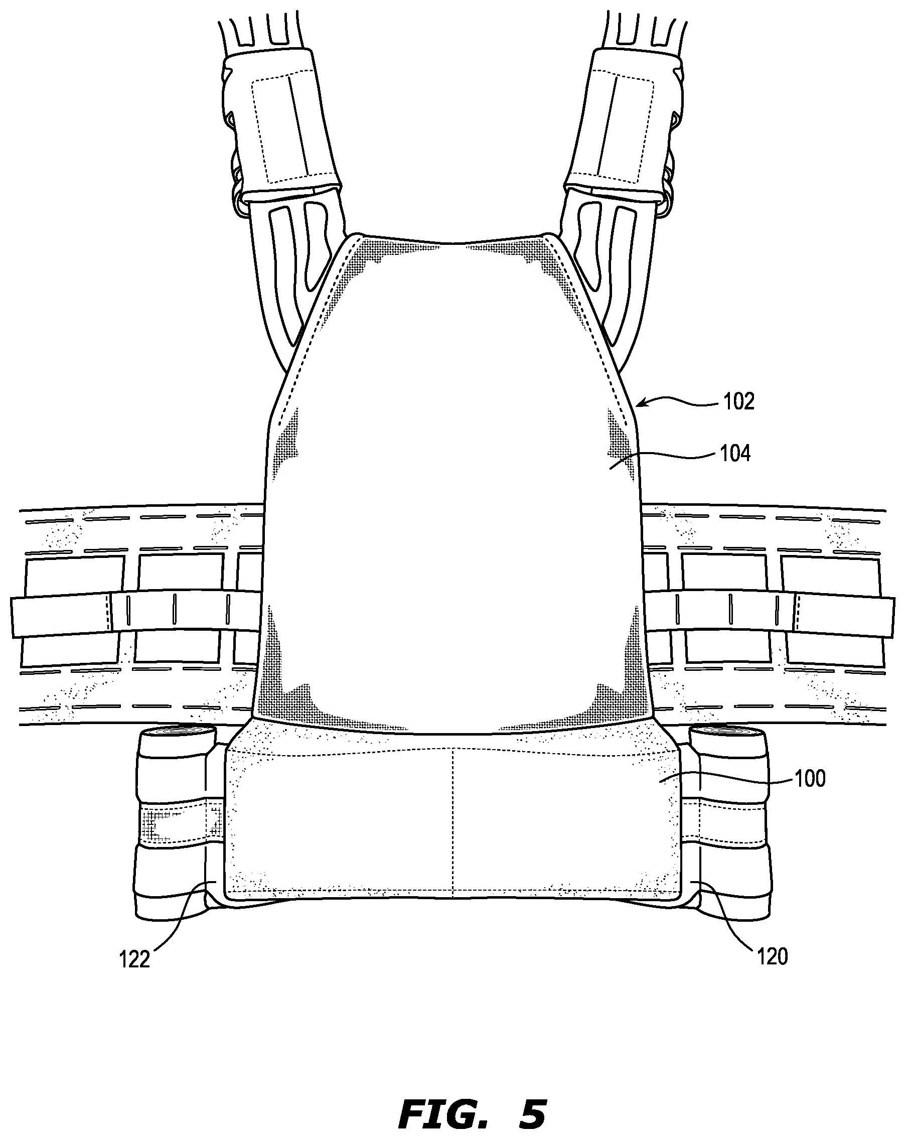 Patent US12332025 Figure 5 – Lumbar support pouch for ballistic vest
