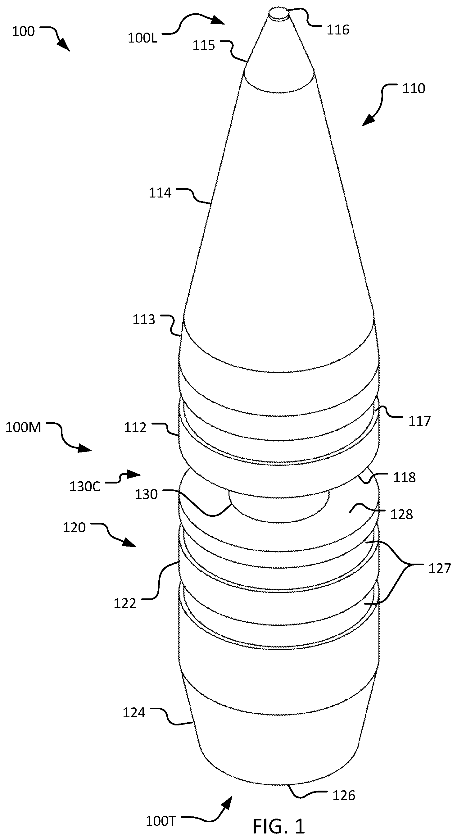 Patent US12332035 Figure 1 – Customizable projectile designed to tumble