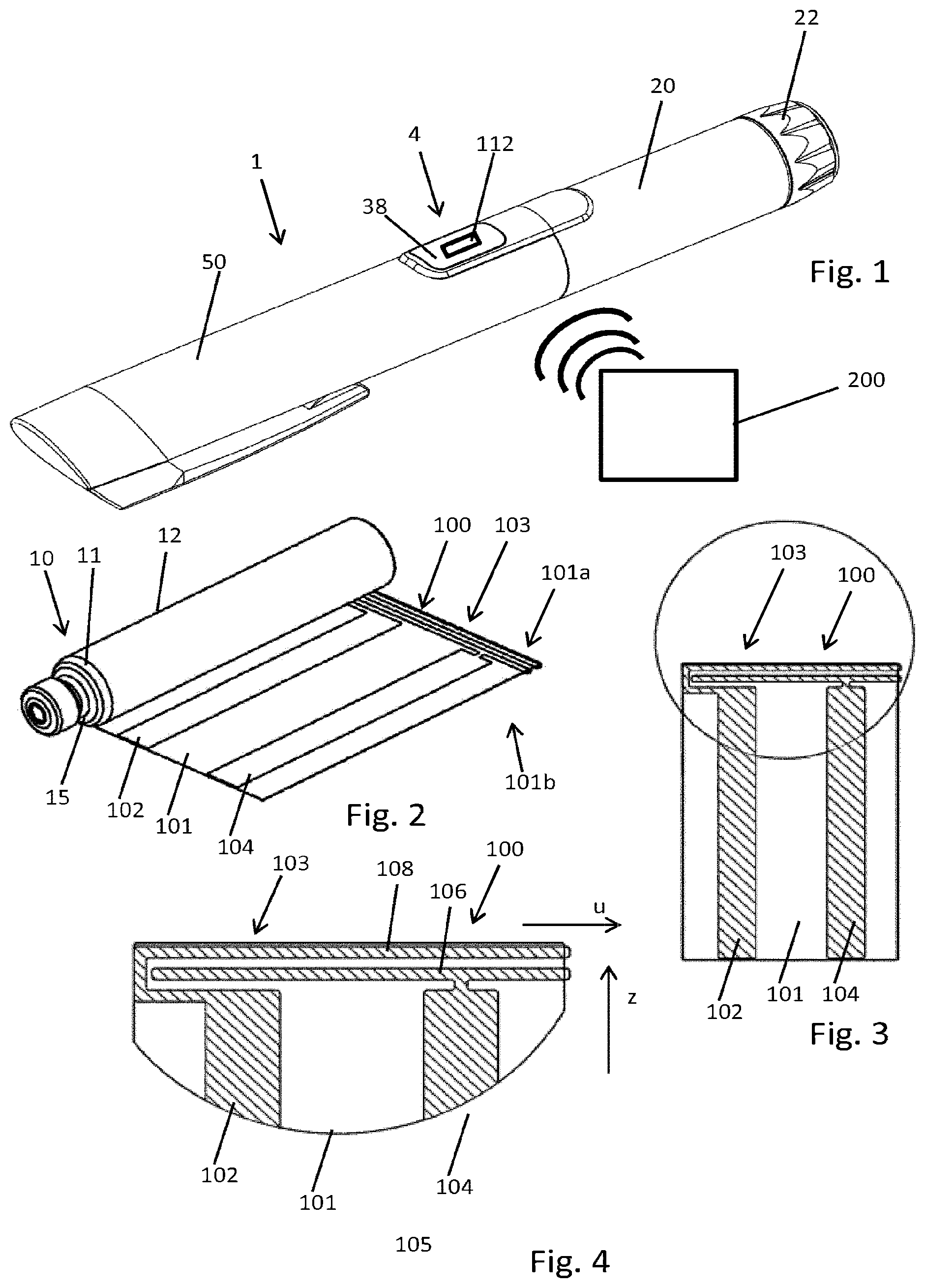 Patent US12332104 Figure 1 – Sensor, cartridge and drug delivery device
