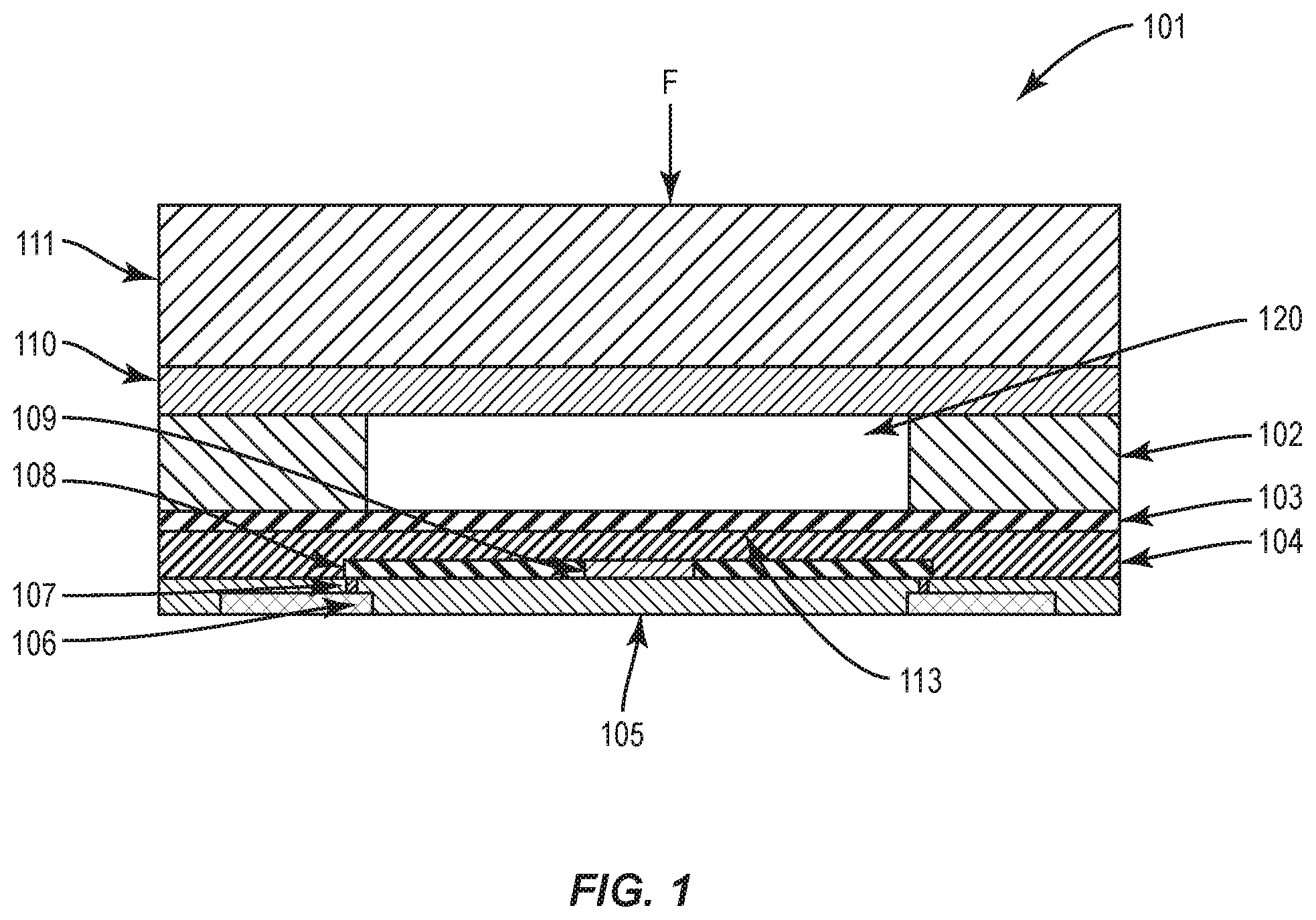 Patent US12332127 Figure 1 – Sealed force sensor with etch stop layer