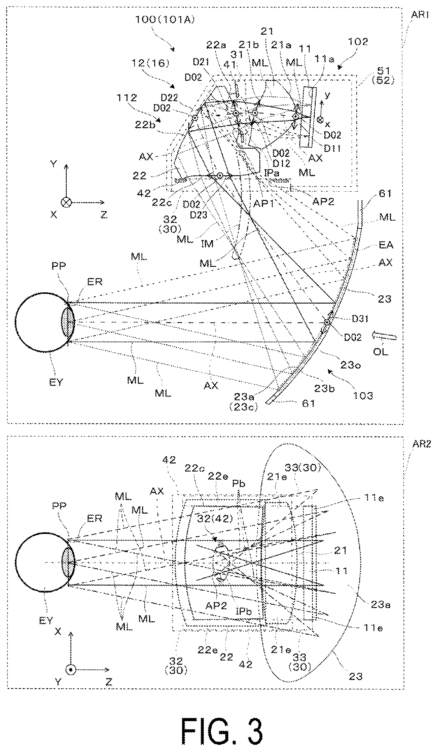 Patent US12332441 Figure 3 – Display device and optical unit