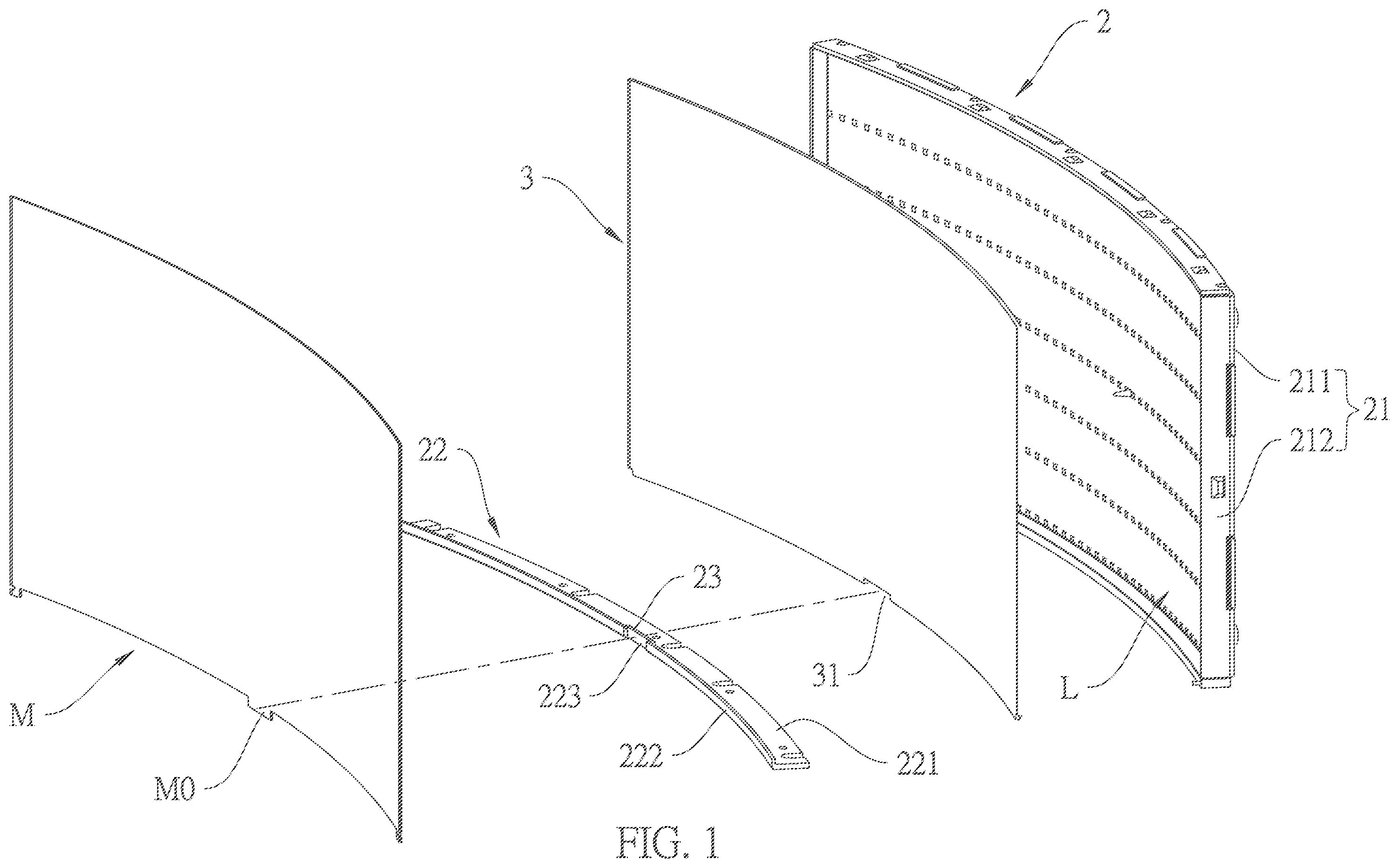 Patent US12332471 Figure 1 – Curved backlight module and display device
