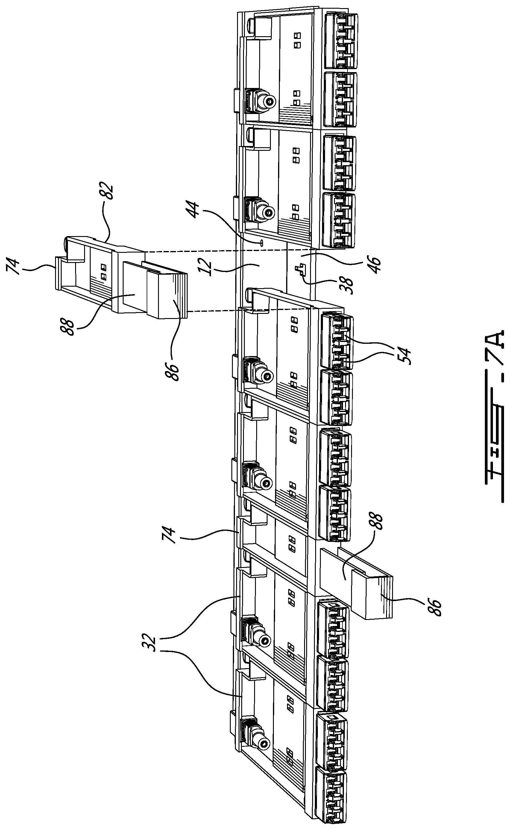 Patent US12332491 Figure 12 – Tray system for providing modular cassette configurations in a fiber optic management system