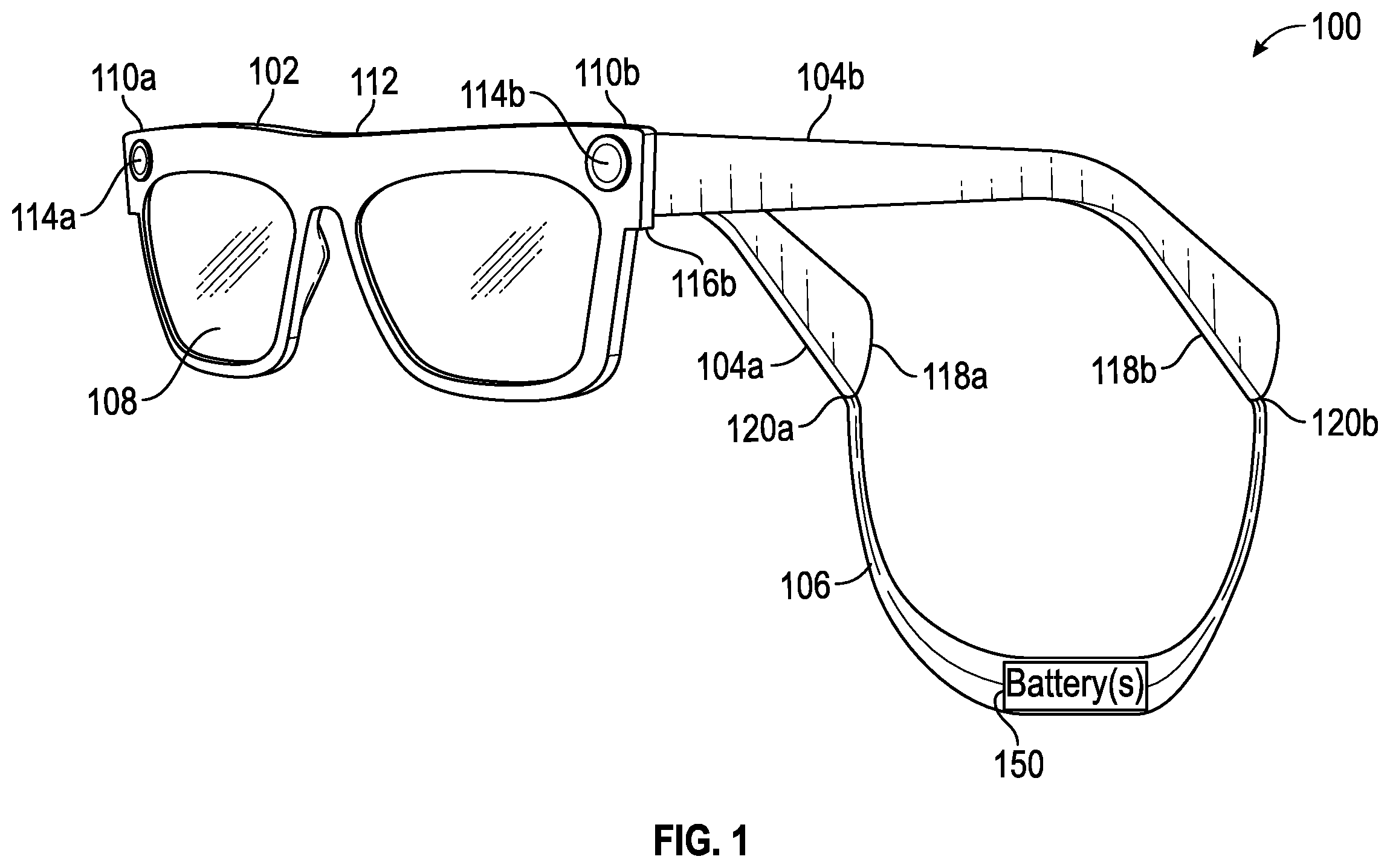 Patent US12332505 Figure 1 – Eyewear tether with battery