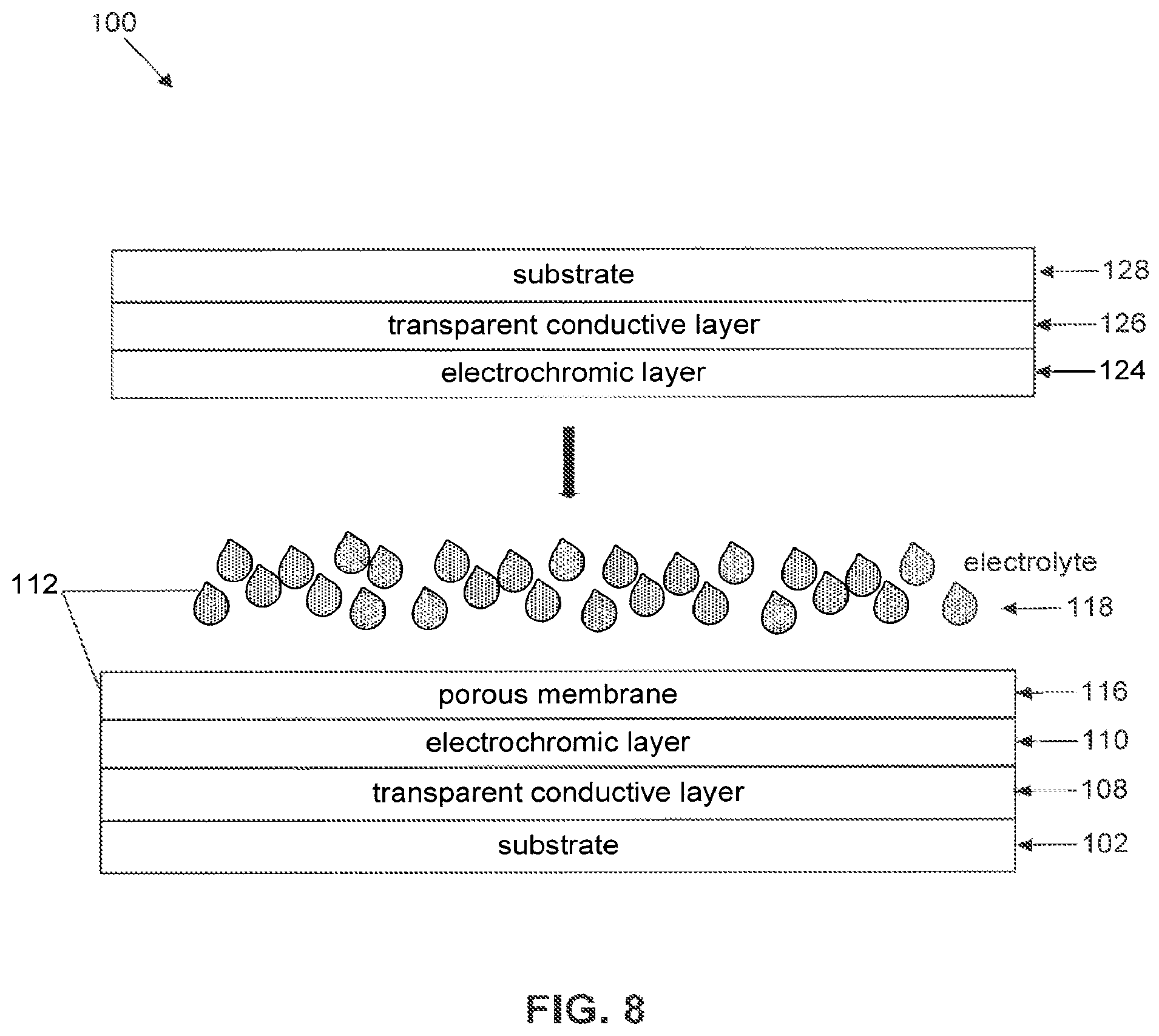 Patent US12332532 Figure 8 – Electro-chromic devices including solid or quasi-solid electrolyte layers and methods of making the same