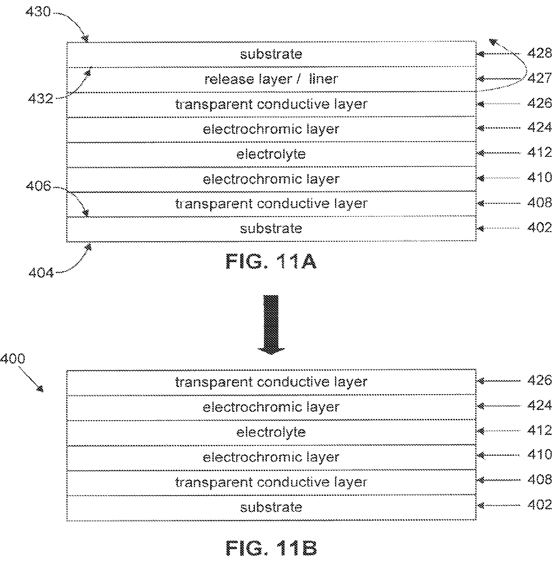 Patent US12332532 Figure 11 – Electro-chromic devices including solid or quasi-solid electrolyte layers and methods of making the same