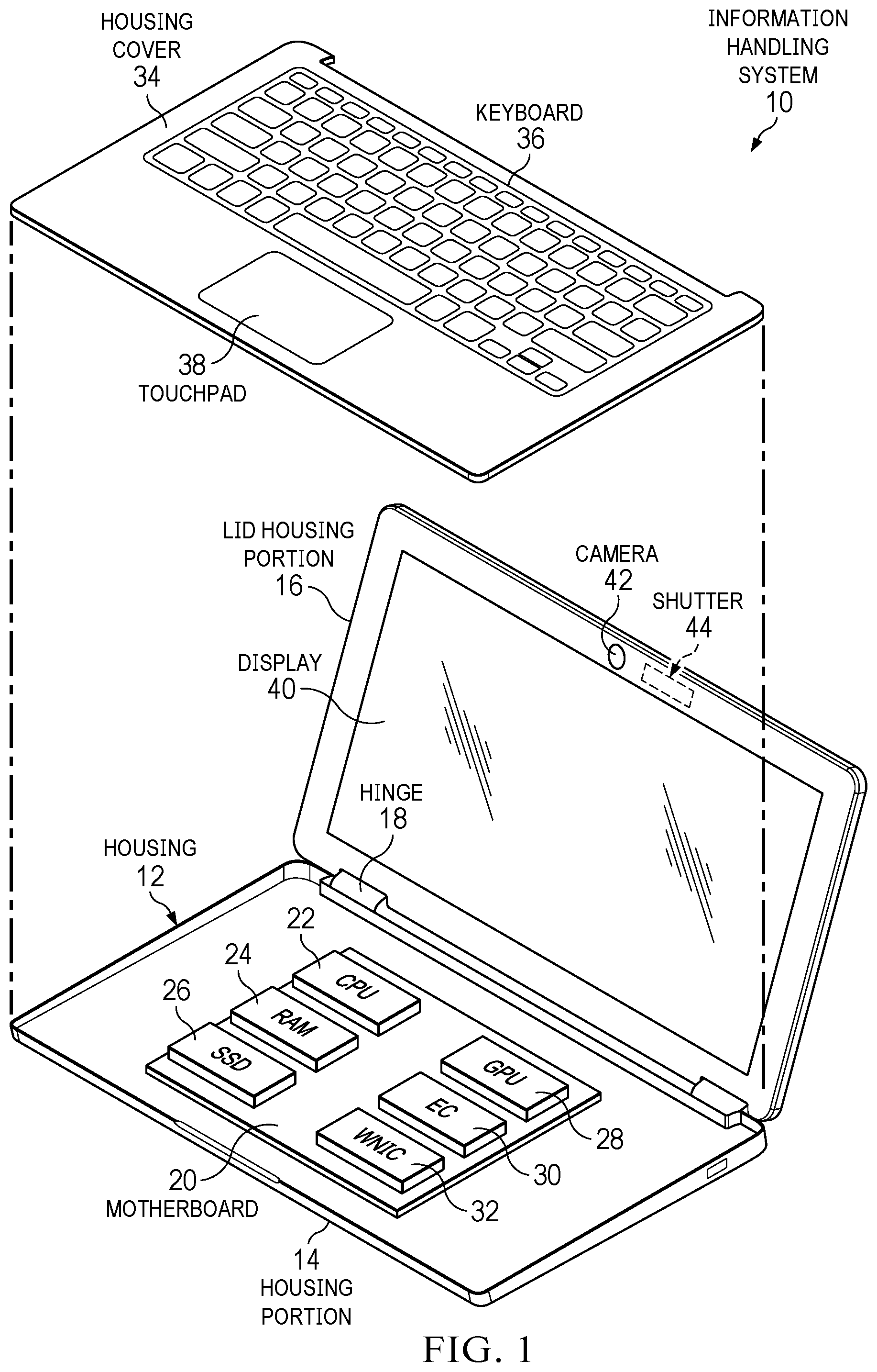 Patent US12332560 Figure 1 – Information handling system camera shutter with semi-automatic action