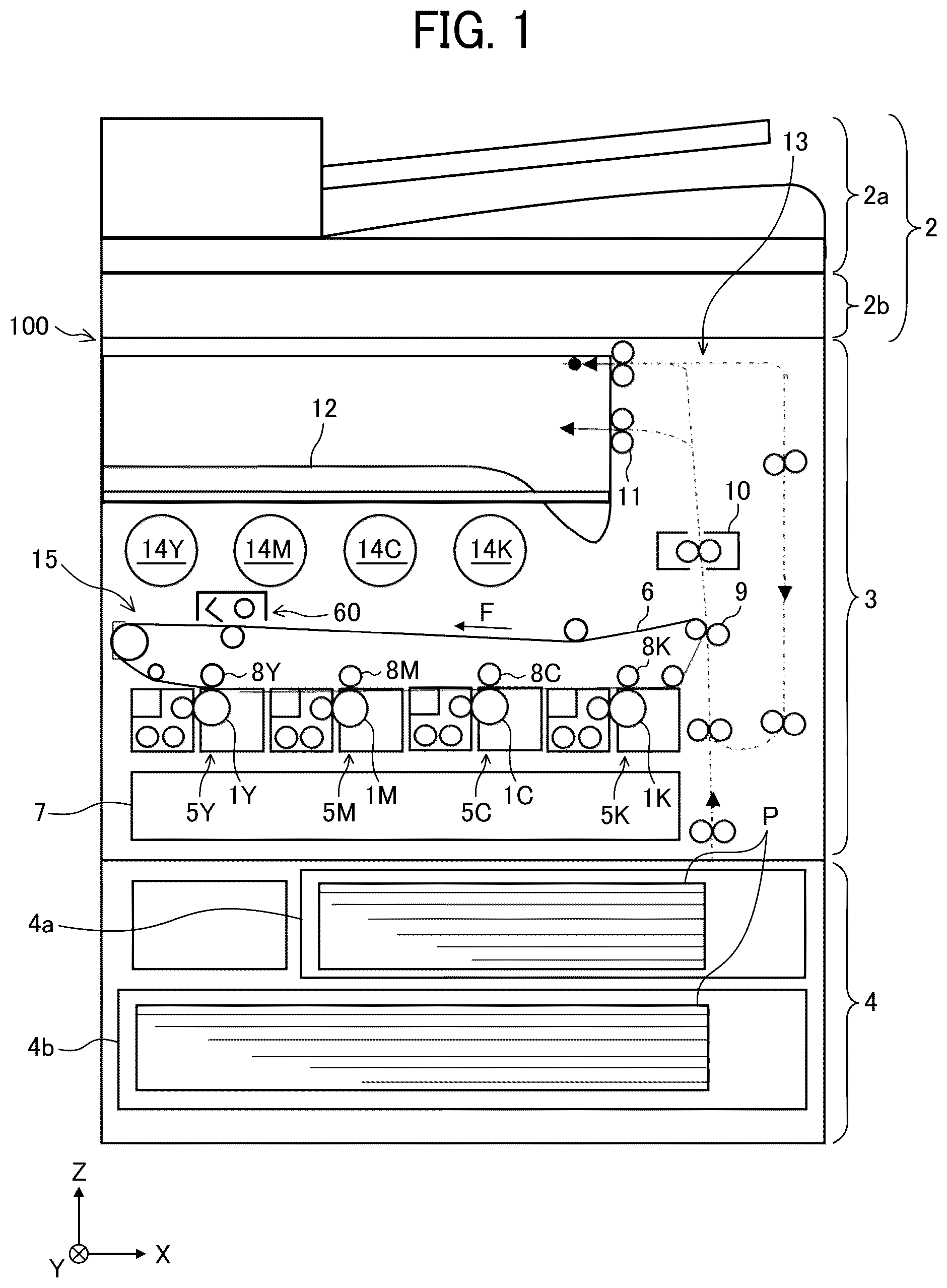 Patent US12332580 Figure 1 – Image forming apparatus including a housing with a cover to store a toner bottle