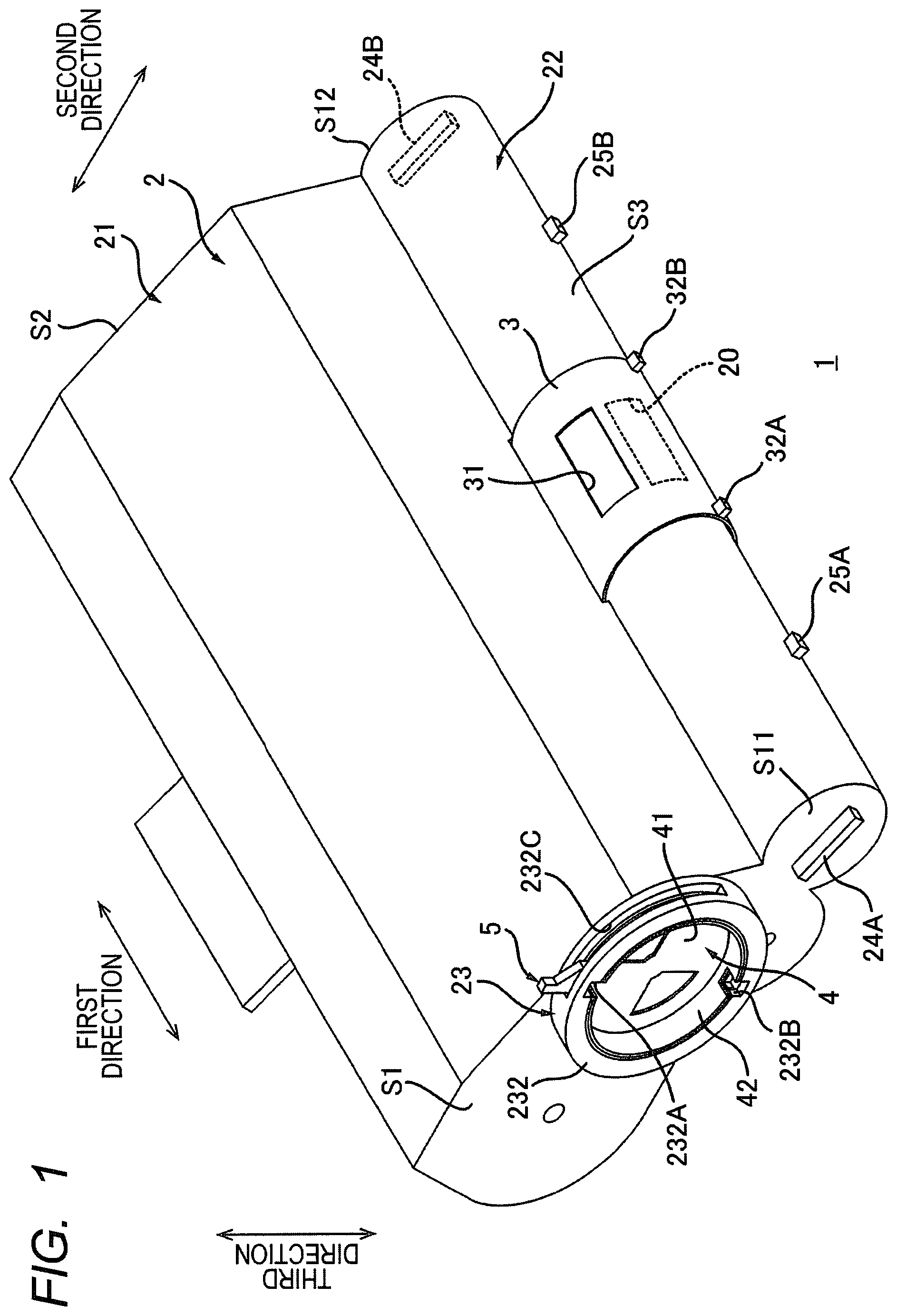 Patent US12332582 Figure 1 – Cartridge having rotatable reception shutter, cartridge having lever for opening and closing reception shutter, and method of supplying toner