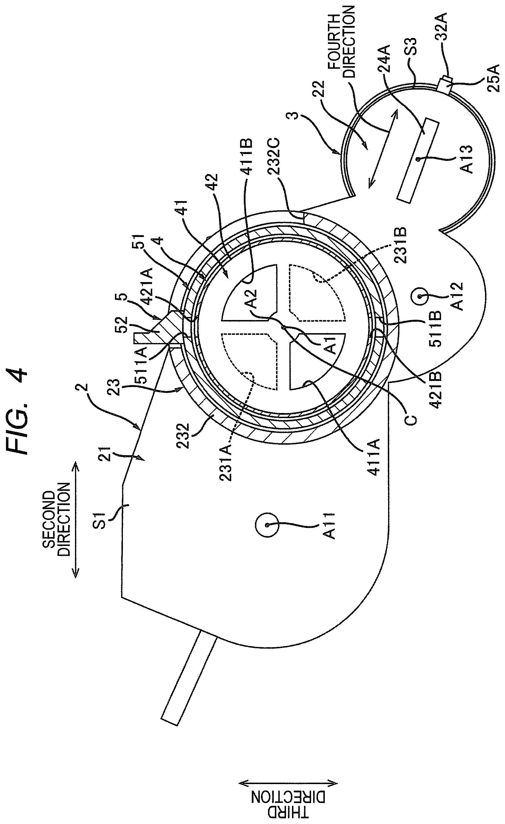 Patent US12332582 Figure 4 – Cartridge having rotatable reception shutter, cartridge having lever for opening and closing reception shutter, and method of supplying toner