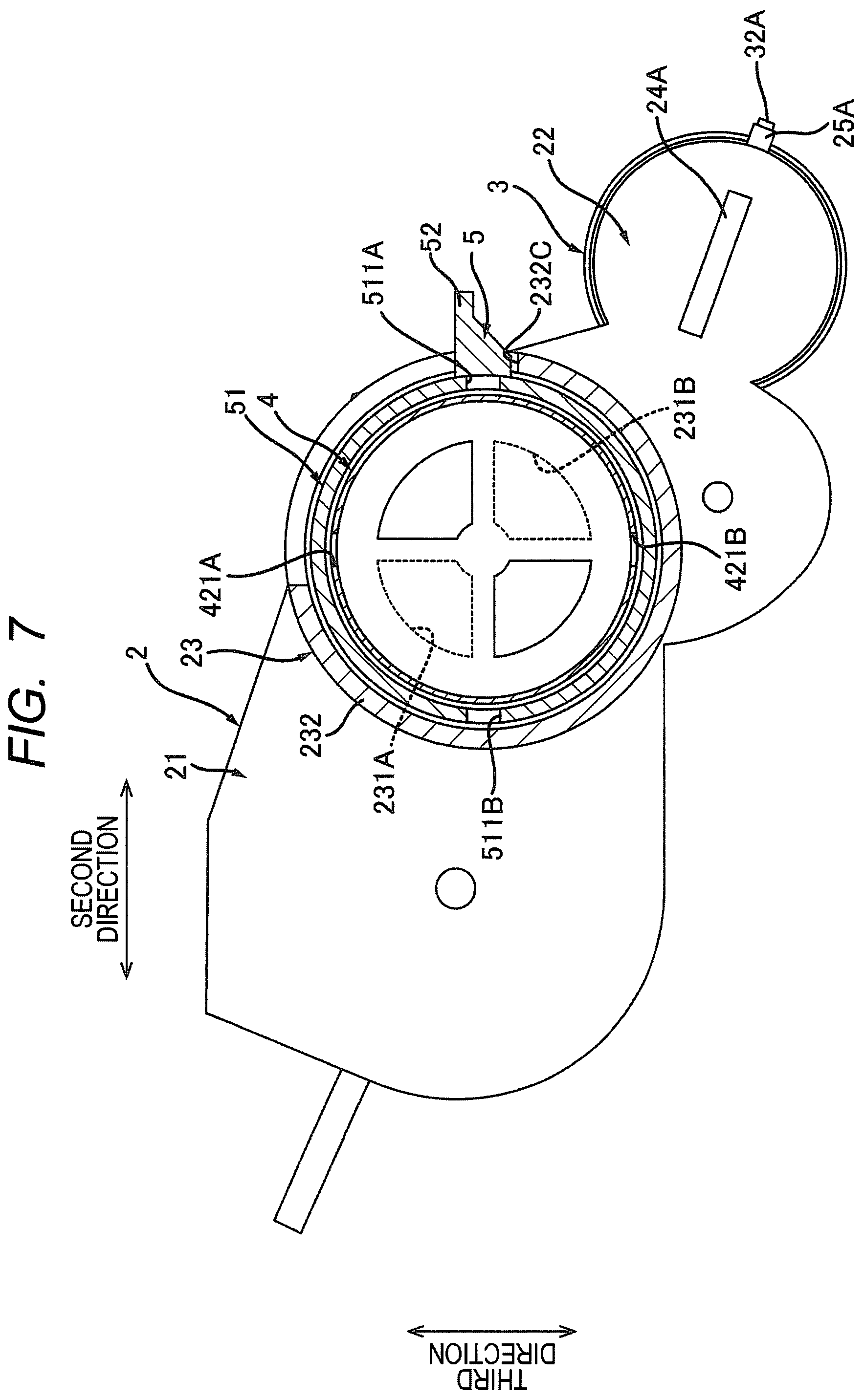 Patent US12332582 Figure 7 – Cartridge having rotatable reception shutter, cartridge having lever for opening and closing reception shutter, and method of supplying toner