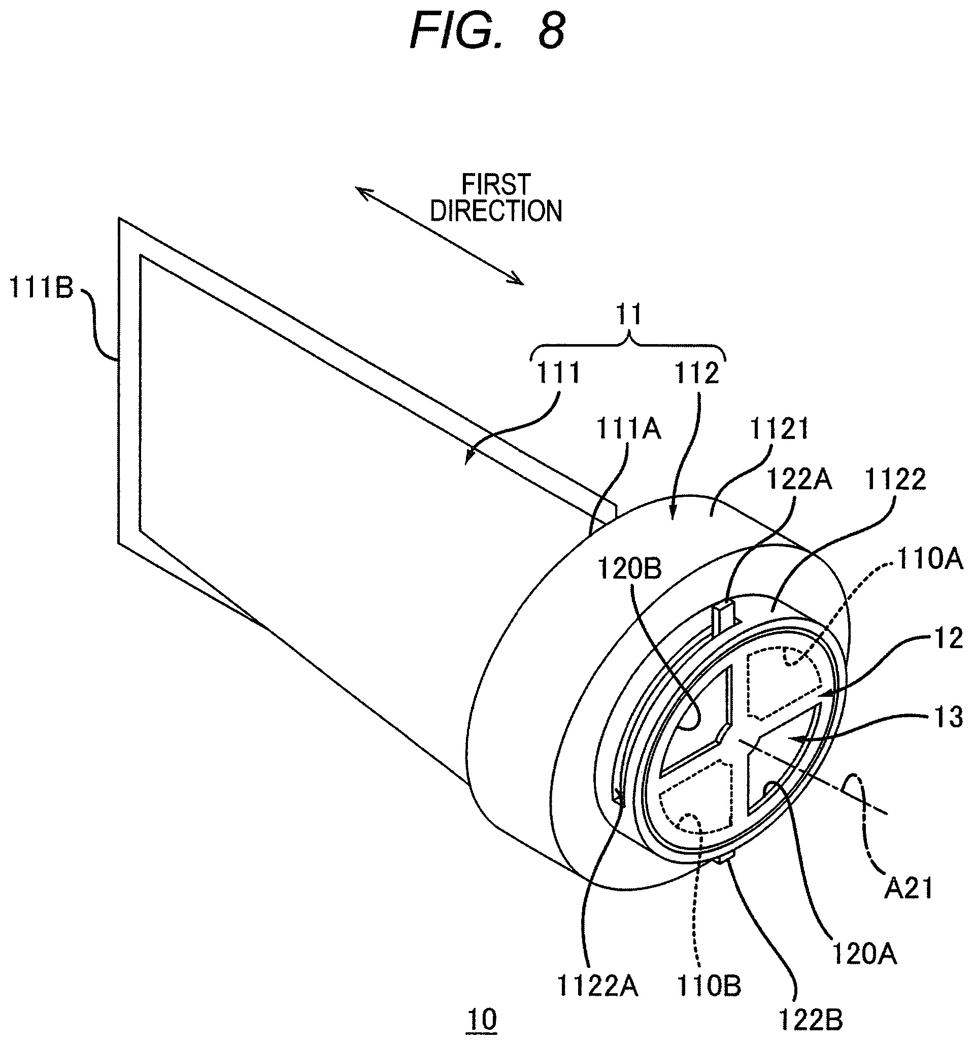Patent US12332582 Figure 8 – Cartridge having rotatable reception shutter, cartridge having lever for opening and closing reception shutter, and method of supplying toner