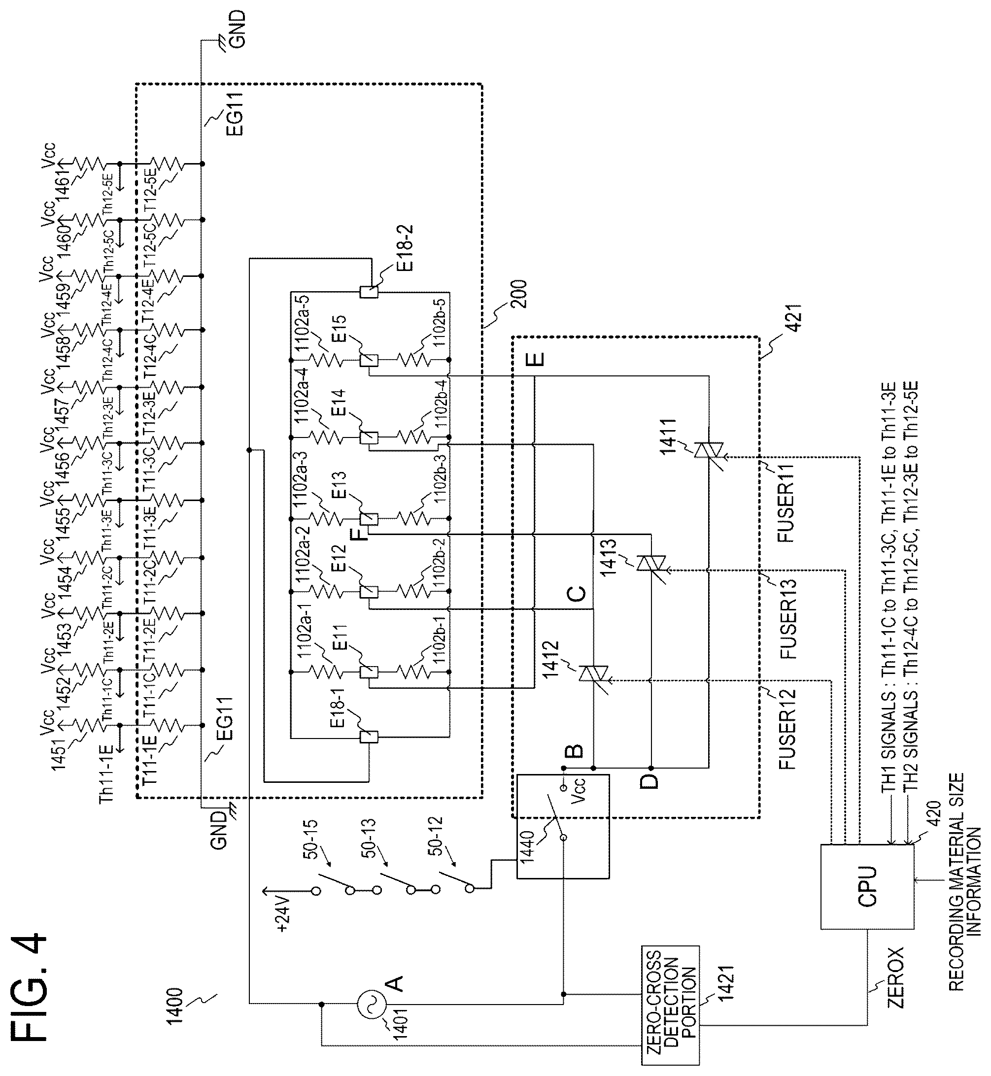Patent US12332588 Figure 4 – Image heating device having heating element groups and safety elements for shutting off power to the heating element groups