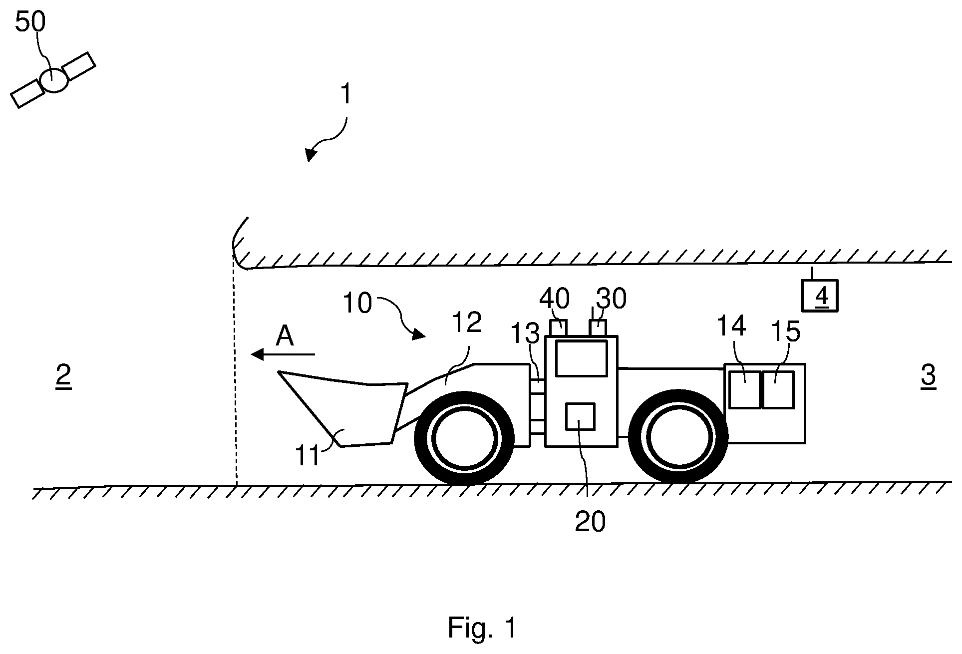 Patent US12332654 Figure 1 – Underground worksite vehicle positioning control