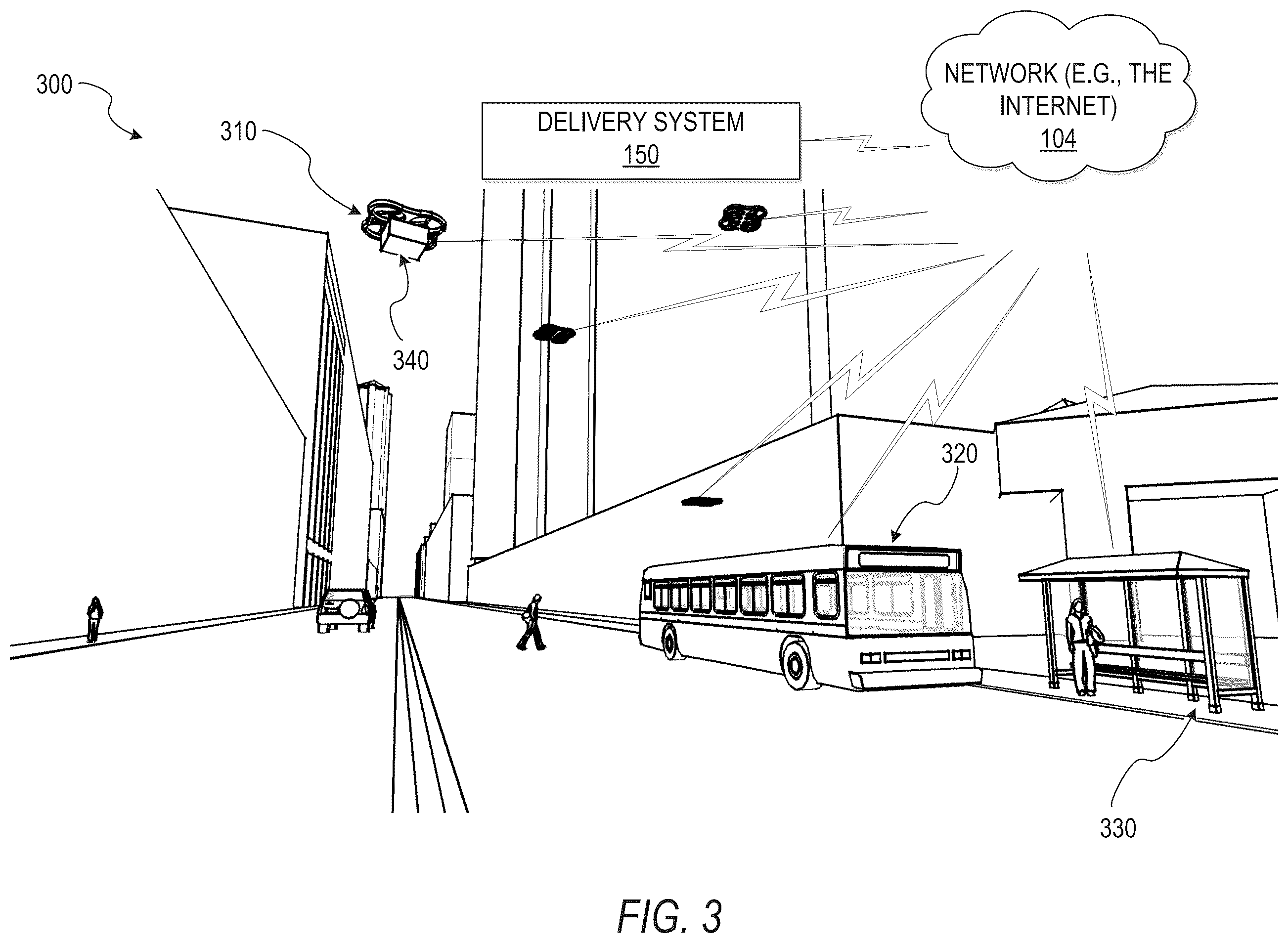 Patent US12332665 Figure 3 – Public transport infrastructure facilitated drone delivery