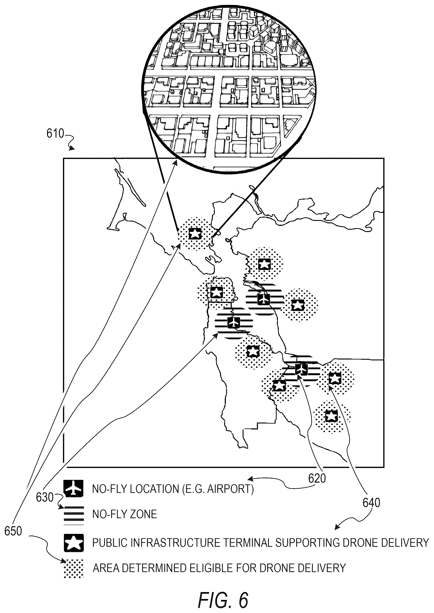 Patent US12332665 Figure 6 – Public transport infrastructure facilitated drone delivery